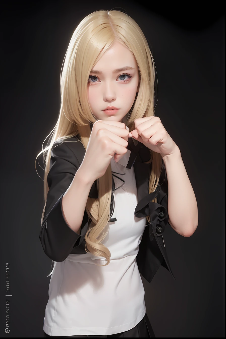 best quality, masterpiece, woman, blonde hair, twintails, Dark hair, dark eyes, black shirt, black blazer, black tie, cynical stare, stance pose, fists hands