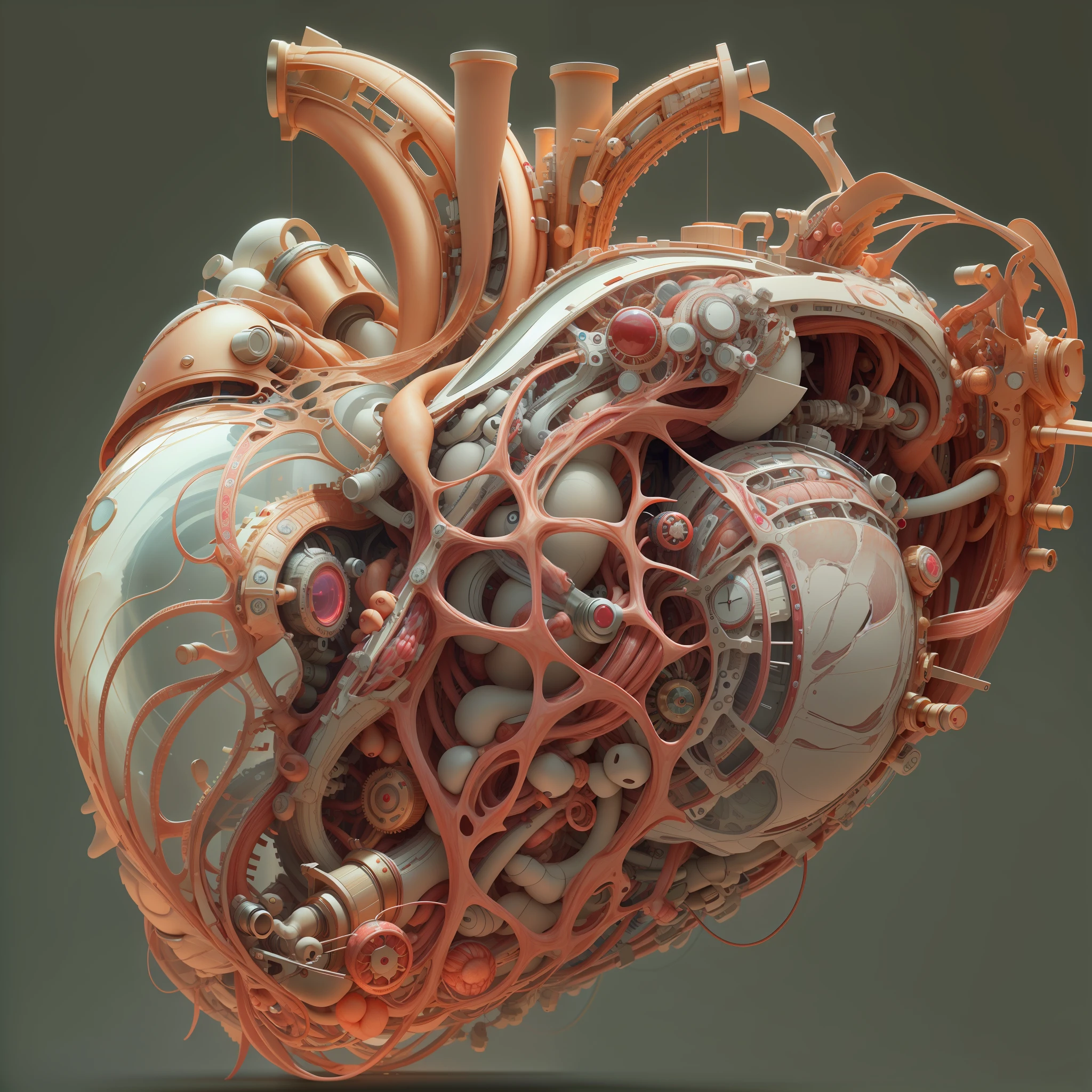 best qualtiy,tmasterpiece,超高分辨率,(realisticlying:1.4),absurderes,intriguing,High color saturation,1 heart,3D Anatomy,Glow-emitting pulsating veins,sci-fy,3D mechanical biological heart, fanciful,Beautiful 3D human heart decoration design,hisui/Gold and Copper/The golden dragon/Mechanical dial/Embedded in the heart of a living creature,BioPunkAI
