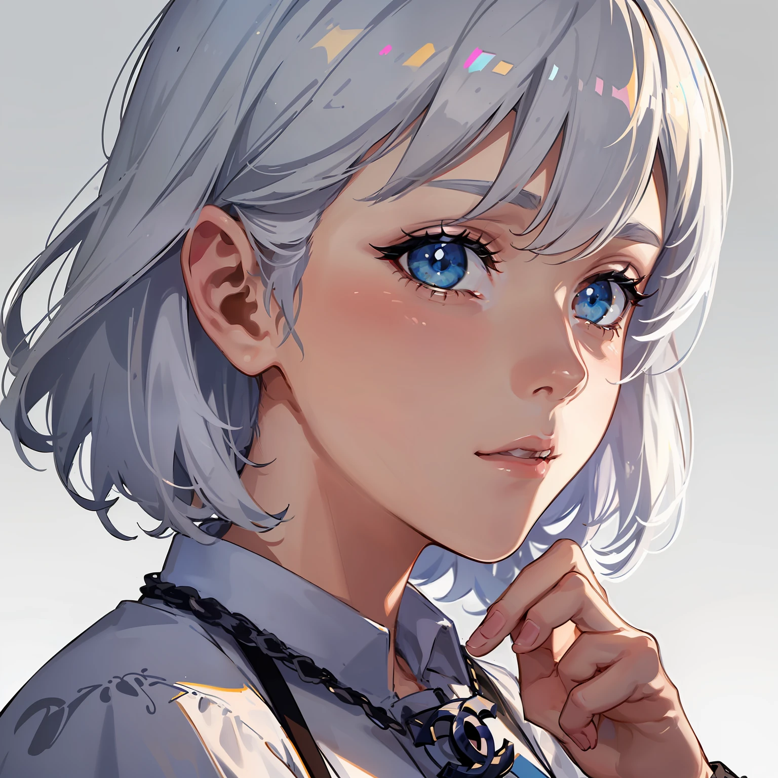 (obra-prima), Ultra Detalhado, 8k, ((Uma folha de personagem:1.4)) or reference sketch of a girl with short white hair, com olhos de cor branca reluzente e ela tem rosto fofo e meigo, ultra realistic and sharp detail and intricate, detalhes intrincados e estilo, Simple background illustration, fundo plano branco,((cabelo curto branco)),((cabelo curto, Chanel)),((cabelo curto)).