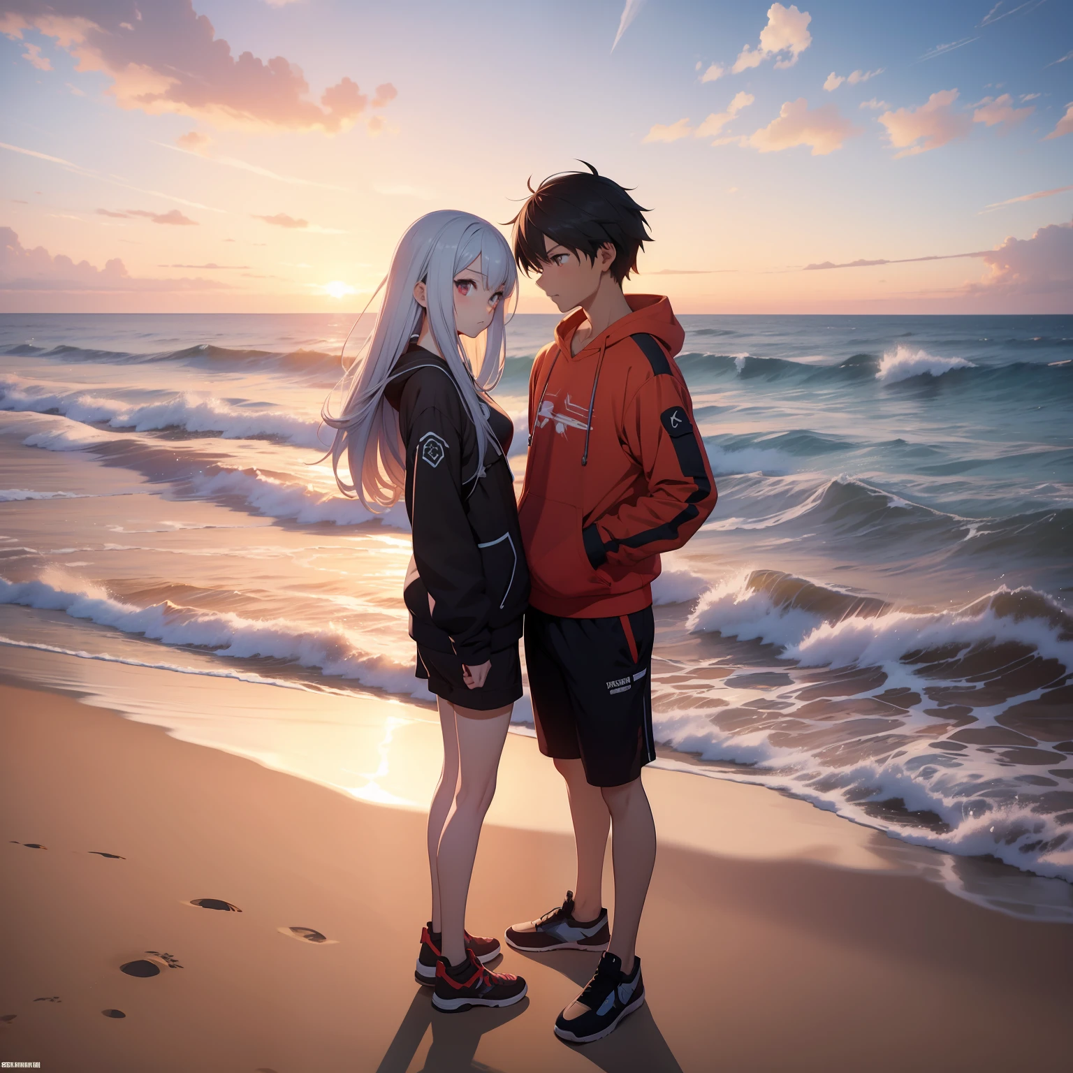 anime couple standing on beach with ocean in background, artgerm and genzoman, range murata and artgerm, alena aenami and android jones, anime style. 8k, jazza and rossdraws, loish and ross tran, anime style 4 k, krenz cushart and asher duran, artgerm and atey ghailan, on beach attire