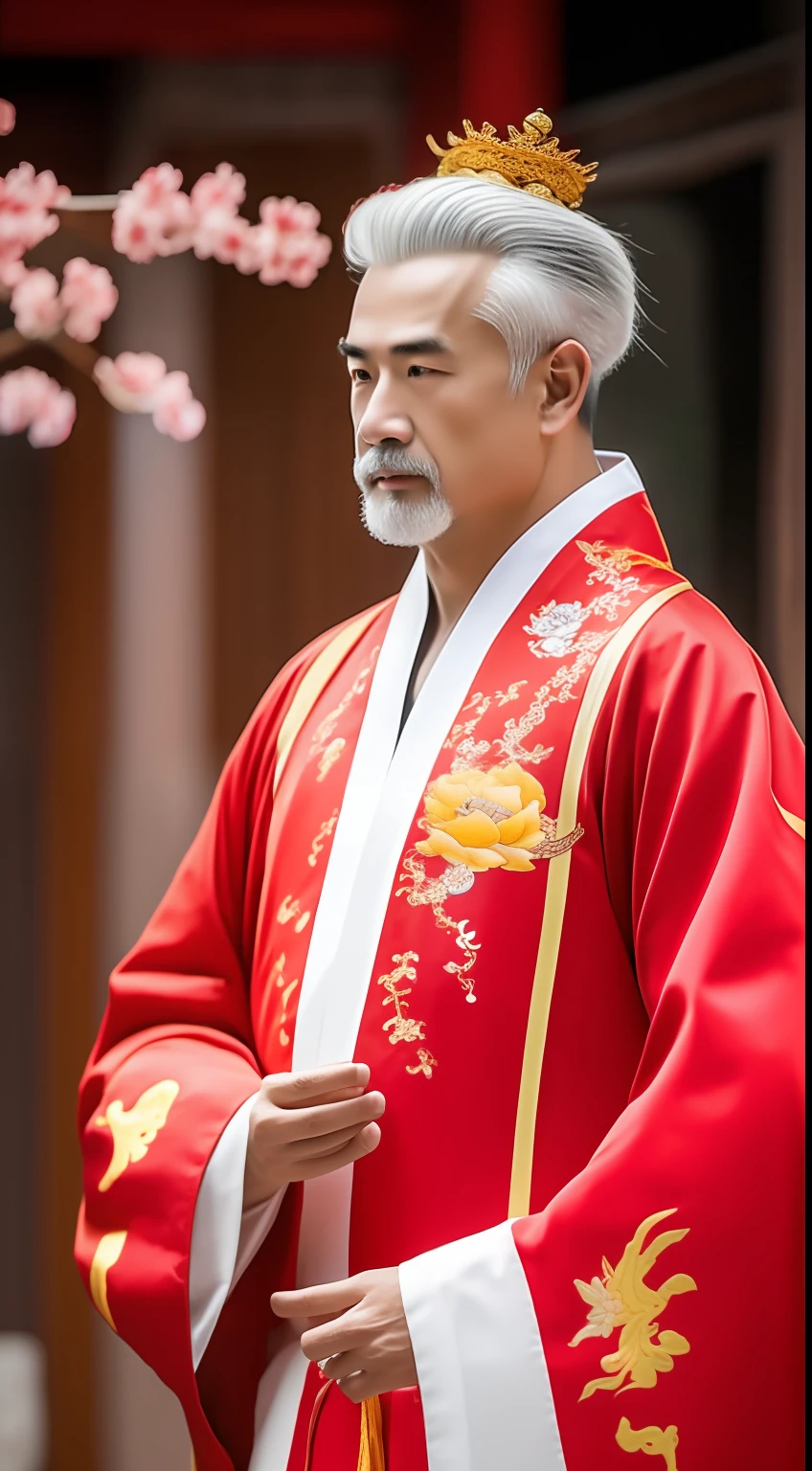 Masterpiece, Highest quality, (solofocus),, (High detail: 1.1),dojo，Red and yellow robes，The male， Man, chinese crown, 1人,and white hair,超高分辨率 , Detailed background, realisticlying, wearing a detailed and intricate xianxia antique outfit