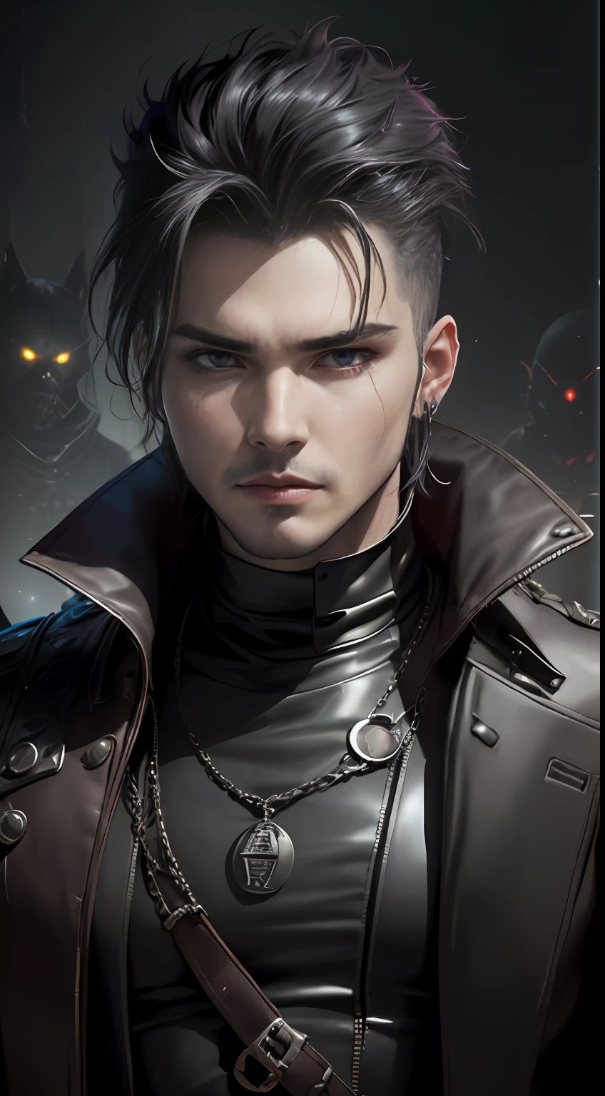 "(((retrato：Hombre en una escena oscura)), (La mirada de Adam Lambert), Estilo cazador de monstruos, (Suspenso de terror, Horror al estilo Imami), tmasterpiece, Cara perfecta)"