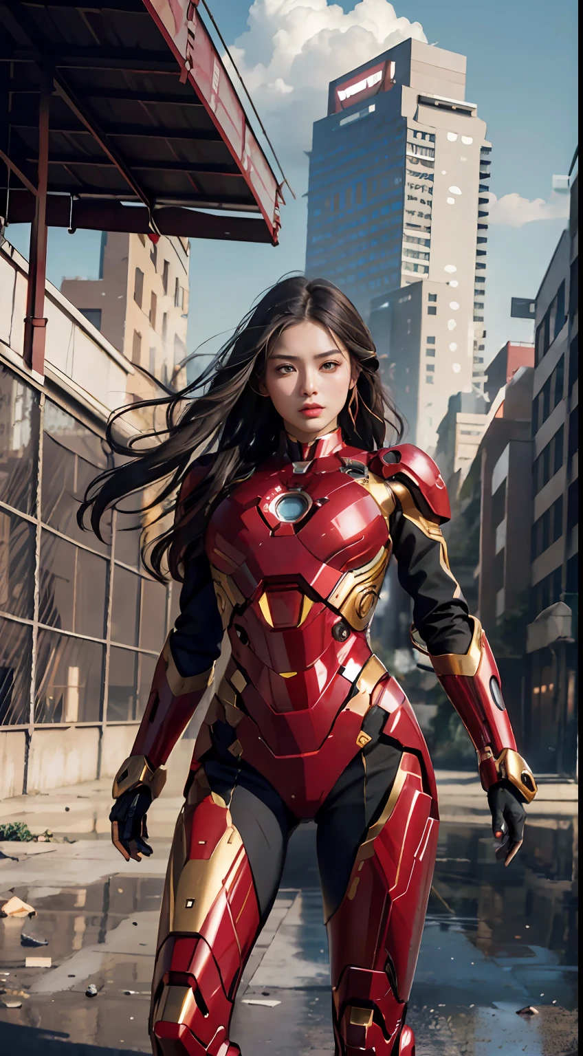 RAW,tmasterpiece,ultra fine photos,best qualtiy,超高分辨率,Photoreality,rays of sunshine,full-body portraits,stunningly beautiful,Standing dynamic posture,delicated face,vibrant eyes,(seen from the front),She wears a futuristic Iron Man mech,Tony Stark,Red and gold color scheme,Very detailed abandoned warehouse background,detailed face with,Detailed and complex busy background,untidy,opulent,milkyW,Highly detailed skin,Realistic details of skin,Visible Pore,tack sharp focus,volume fog,8k uhd,digital SLR camera,high qulity,filmgrain,White skin of the,photo-realism,lomography,Huge metropolis in a dystopia of the future , look from down, semi transparent