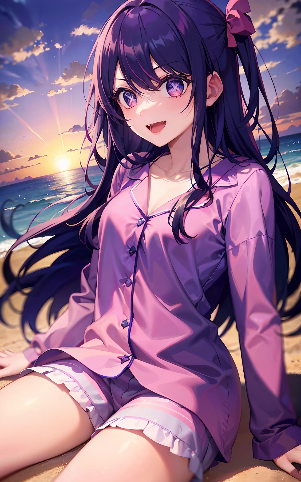 1girll，（（There is a five-pointed star in the eye））Gorgeous Hair in Long Purple，Smile，Open mouth，pyjamas，beachside，sunraise