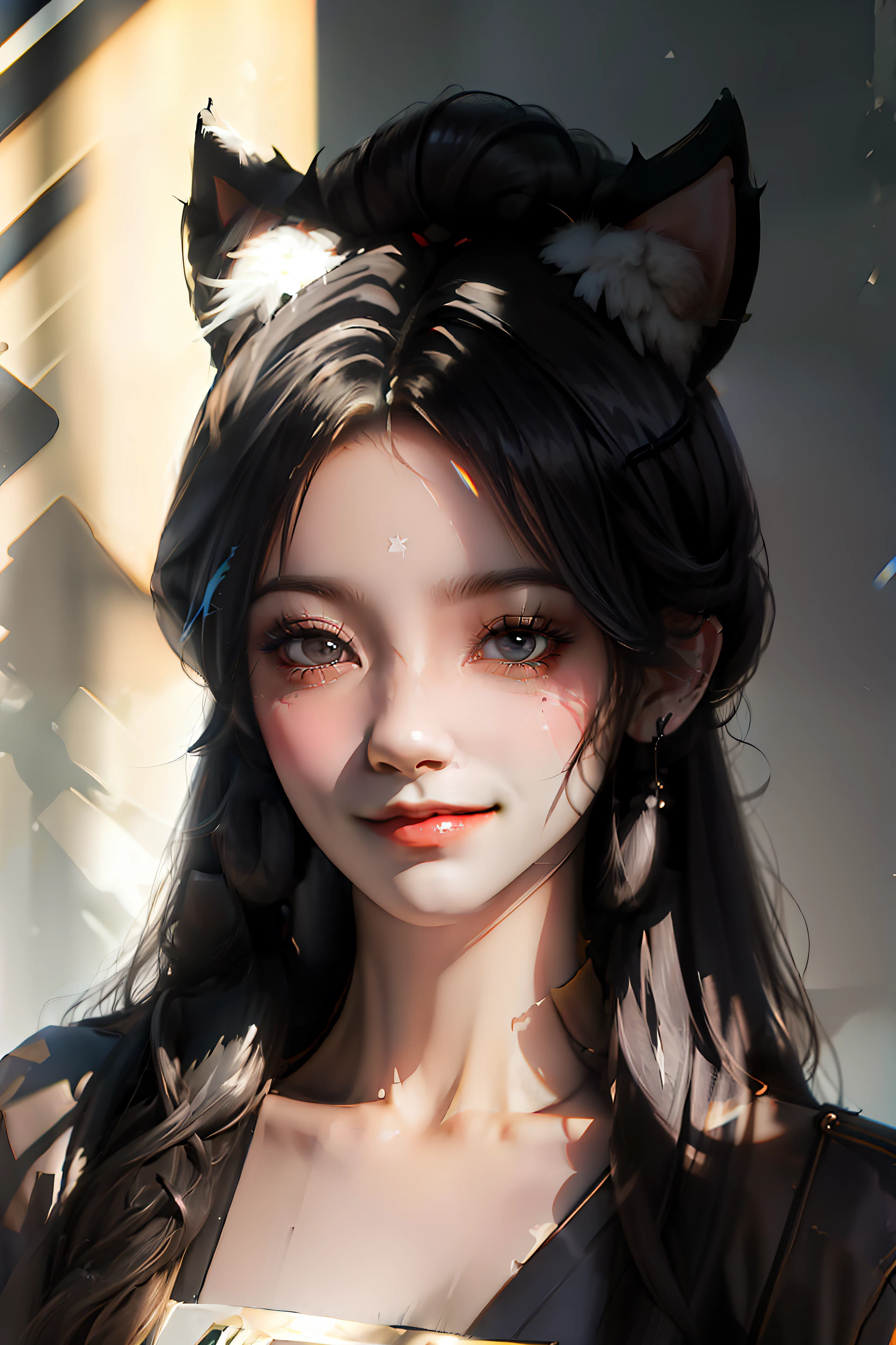 black hair, hair bobbles, wince, fake animal ears, light smile, drop shadow, anaglyph, stereogram, tachi-e, pov, atmospheric perspective, 8k, super detail, ccurate, best quality, UHD