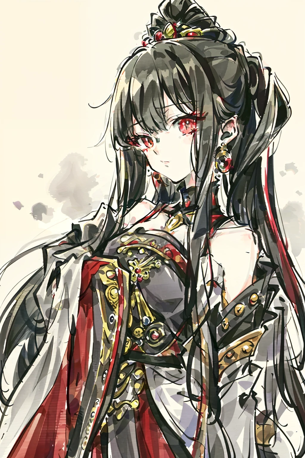best qualtiy，grand master，Level，male people，handsome，The eyes are melancholy，Upper body side，Angular chin，Head down slightly，Long black hair，Black ancient clothes，red color eyes，gentleness