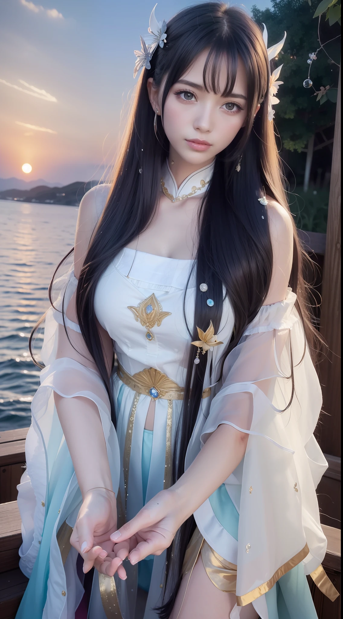 8k resolution, super high resolution, best picture quality, beautiful girl, moist lips, peerless beauty, messy black straight hair, shawl long hair, fluffy hair, rich and beautiful makeup, exquisite and perfect facial features, sapphire eyes, blush, sweet smile,
(((sunset sky)))) by the sea (dressed in white
Tight T-shirt), short skirt, macro shot, beautiful detail sky.