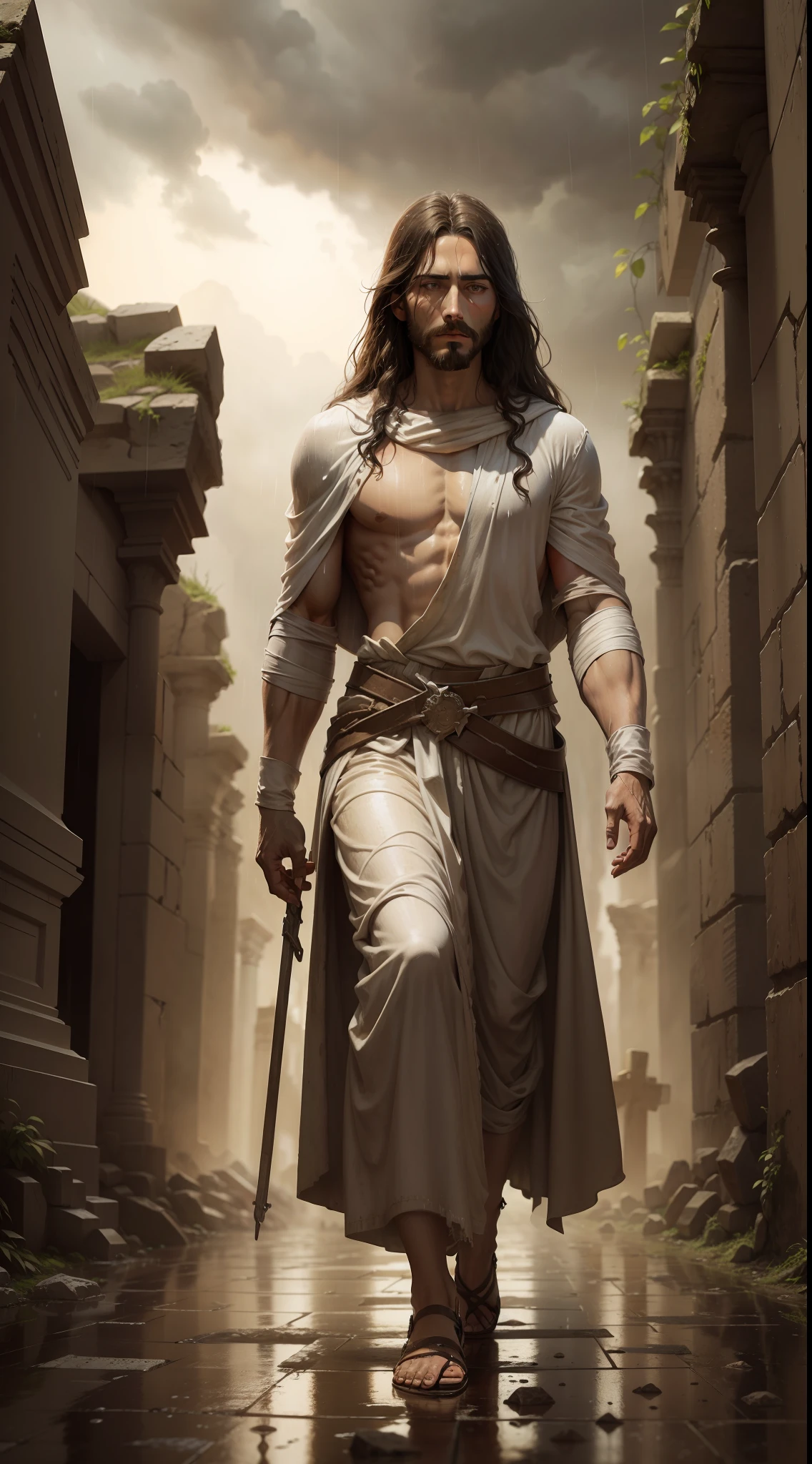 Jesus in the rain with marks of his crucifixion walking amid ancient ruins.