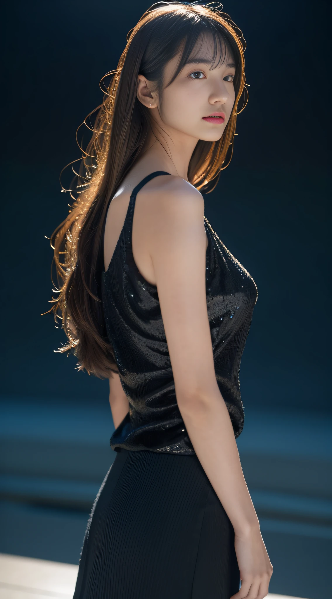 Futuristic portrait of existence, Created by John Woo in a surrealist style. The character, Decorated with minimalist light luxury clothing, Project an ethereal aura under movie lights. water details, Textured, Reflections bring a layer of realism to the scene. Capture creatures using high-speed camera technology, Emphasize its smooth form,And create the perfect blend of simple compositions against a clean background. This surreal, High-end designs are implemented in Unreal Engine,(best qualtiy,A high resolution,tmasterpiece:1.3),A tall and beautiful woman,Slender abs,Loosely wavy dark brown hair,nedium breasts,Wear a pendant,white button-down blouse,obi strip,a black skirt,(Modern architecture in background),Beautifully rendered details in face and skin textures,Detailed eyes,二重まぶた
