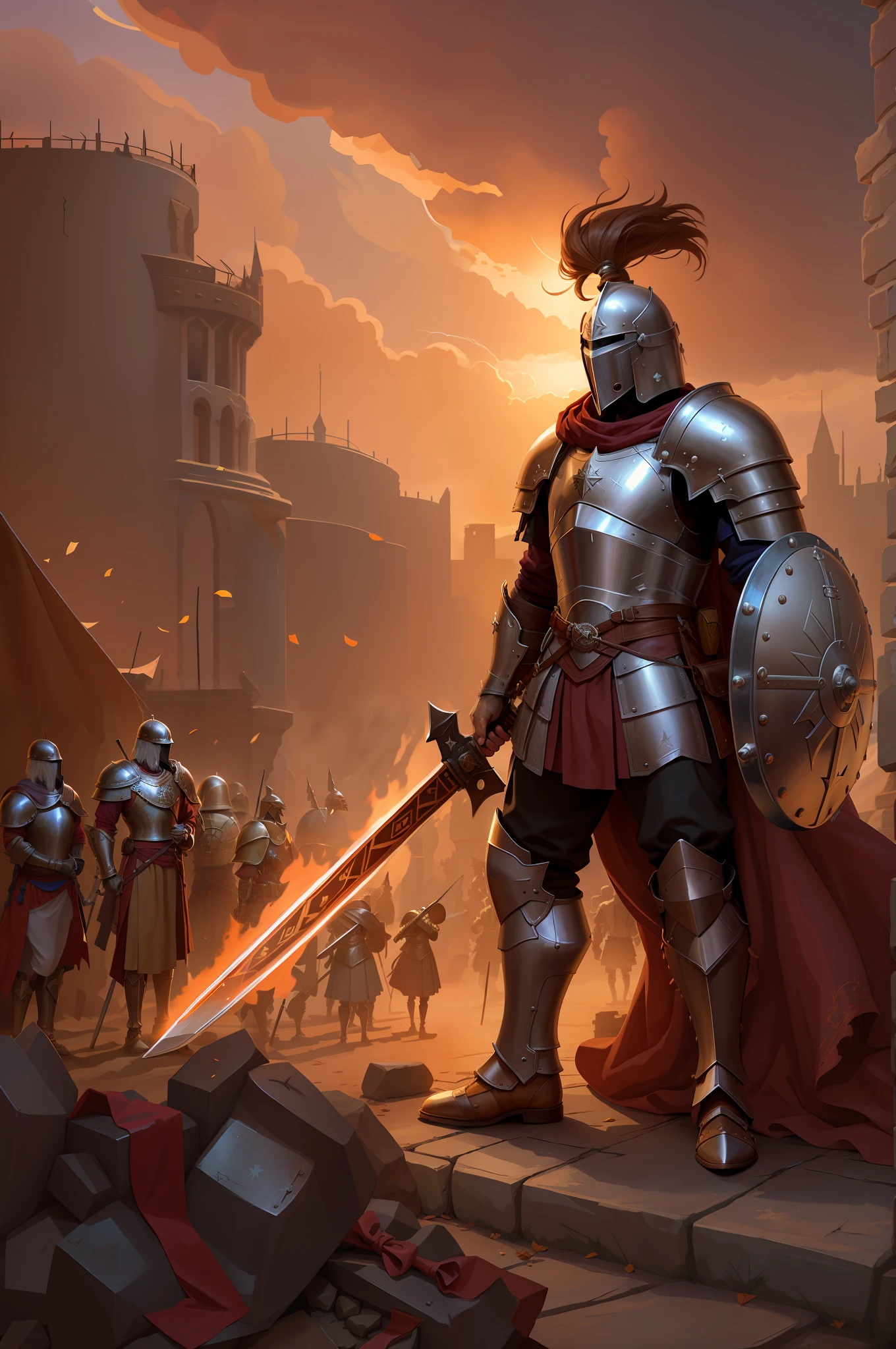 Character holding An ancient, battle-worn shield, silver round shield with numerous dents and scratches