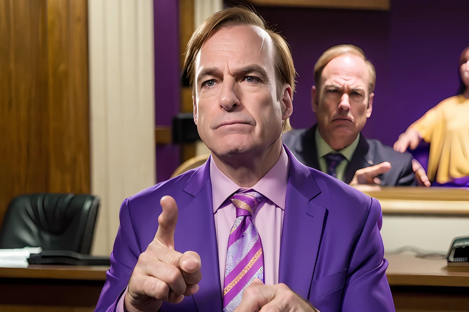 (8k, RAW photo, best quality, masterpiece:1.2), (realistic, photo-realistic:1.37), man, Saul, purple suit , ( pointing forefinger at viewer:1.3), confident, in court,
