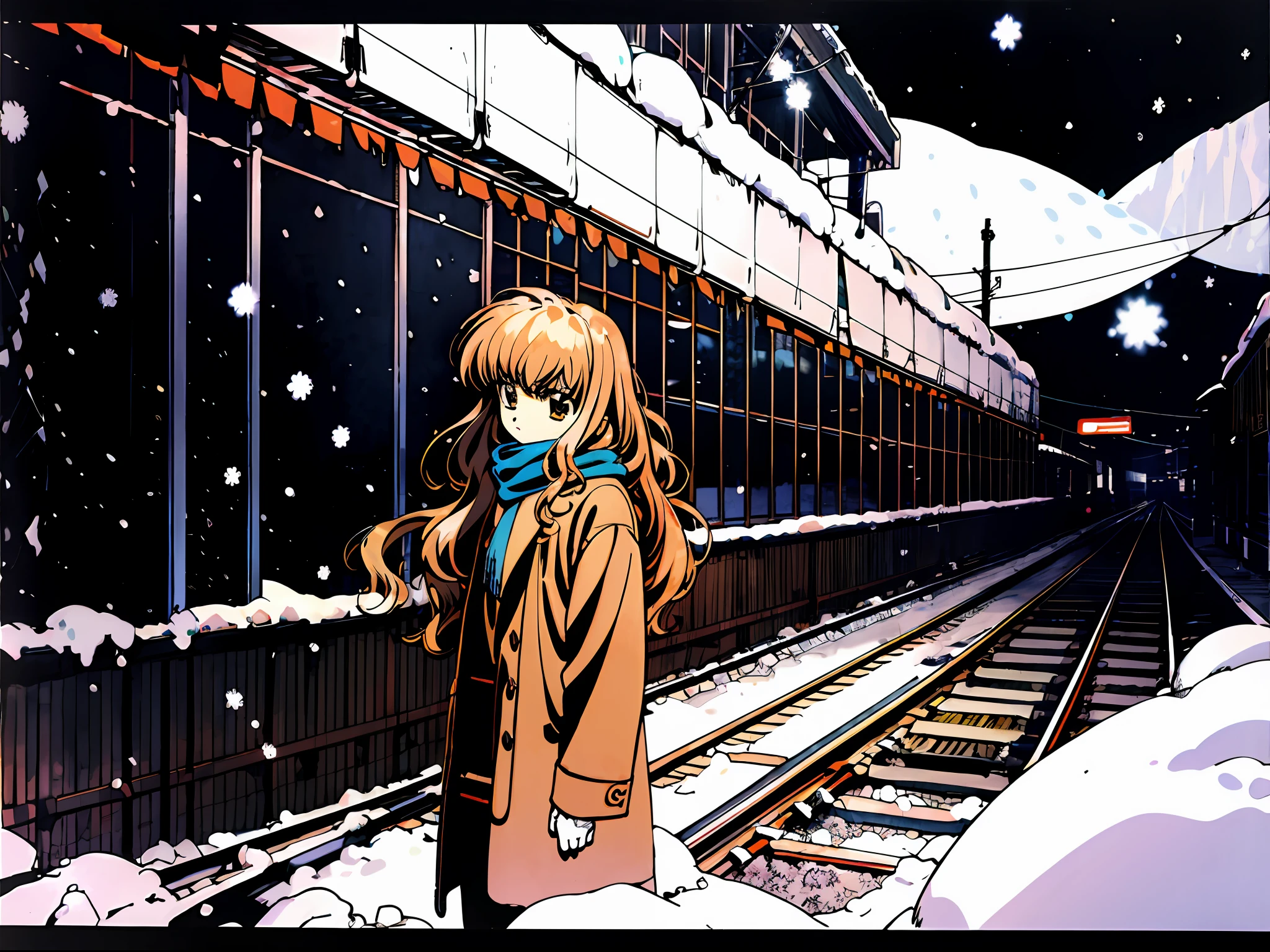 Taiga Aisaka by a train station on a snowy winter night, VHS, vintage, manga style, snow, black background, (bangs), wavy hair, coat, scarf, glitch art, light brown hair, (1girl), dark