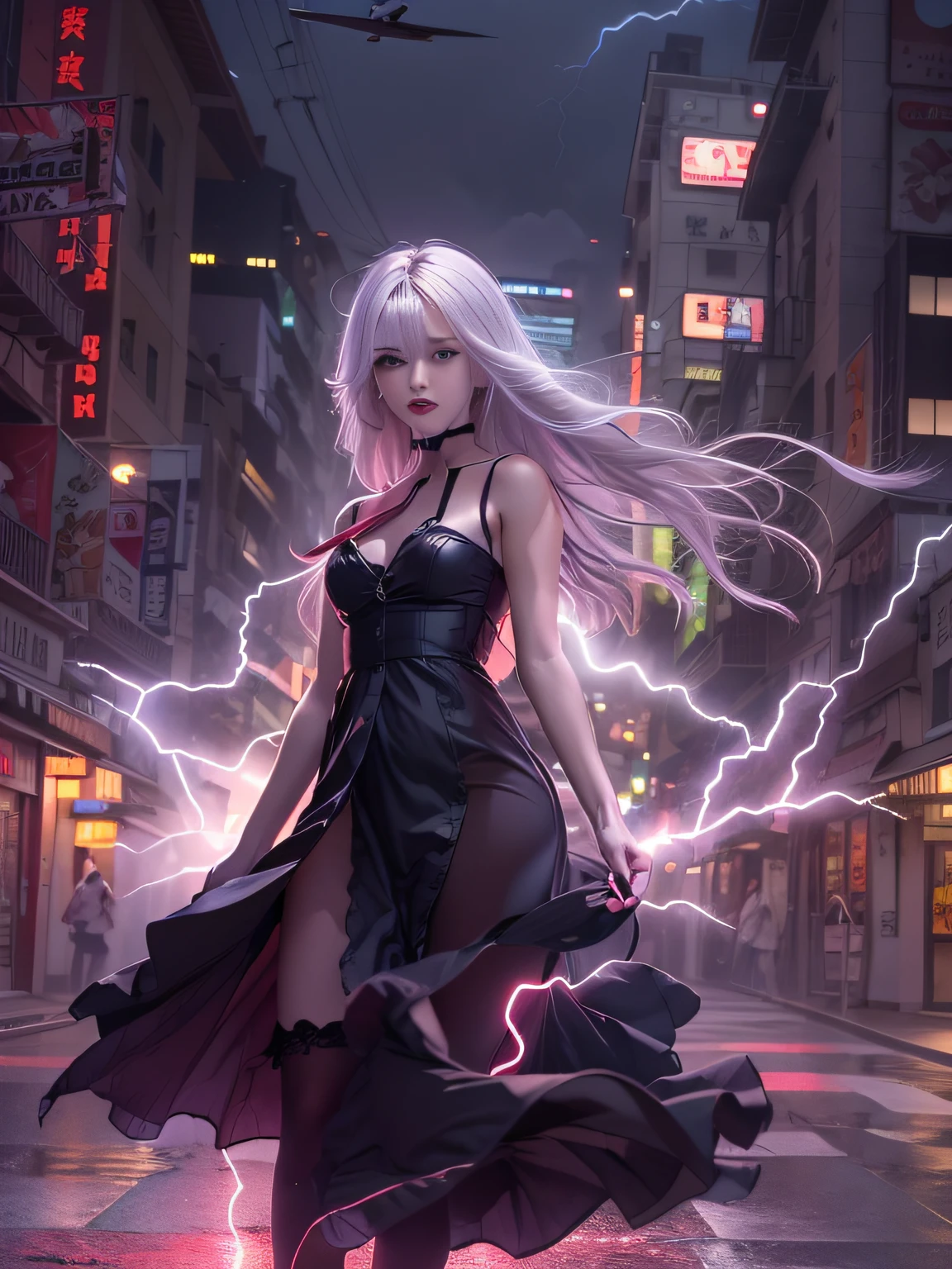 Black goth-rowley girl floating in the city with lightning,Gothloli albino girl floating in the city with one hand,Woman in black dress with red and black hair, Gothic Maiden girl, girl in black dress, 1 7 girl,Old Goth girl, an elegant gothic princess, artwork in the style of guweiz, in the art style of bowater, dreamy gothic girl, 8k high quality detailed art, gothic art style, wearing a gothic dress,closing,Wearing underwear,Red Eyes,Looking down,white hair,Wind,Head tilt,White hair, Silver hair, Long hair, Blunt bangs, Straight hair, Big hair, expressive hair, (Red eyes that glow intensely:1.8), Downward eyes, (Red Eyes:1.5),small tits,Thin leg,Crazy, Disappointed,wide Shots,wide angles,sideshot,3 views,,(Close up portrait of a person in a black dress flies over the city:1.7),People fleeing the busy streets of a city lined with shops々々々々々, busy street, Street crowded with people, photograph of the city street, japanese downtown, Traditional Cities of Japan, Busy streets,busy cityscape, bustling city, Crowded with people, Bustling streets in the moon, crowdedstreets, shutterstock, Bustling small town streets,bad weather、A huge amount of purple lightning came out of the girl's hand and hit the city,Dark clouds cover the city pierced by clouds of lightning, Lightning clouds, Atmospheric lightning, Pink lightning, With thunderstorms, Dark storm with lightning, Dramatic purple lightning, Lightning in the sky, Contrast Lightning, thunderstorm in the sky, Lightning in the background, With lightning, Stormy weather with lightning, Upper volumetriclightning,Effect of wearing purple aura,(Control a large number of lightning with open arms:1.4),Destroy the city with a girl's lightning attack,Called nose,Lightning effect on both hands,Countless balls glowing purple around the girl,goddess of lightning, Storm, Storm outside, She attracts a lot of purple lightning,