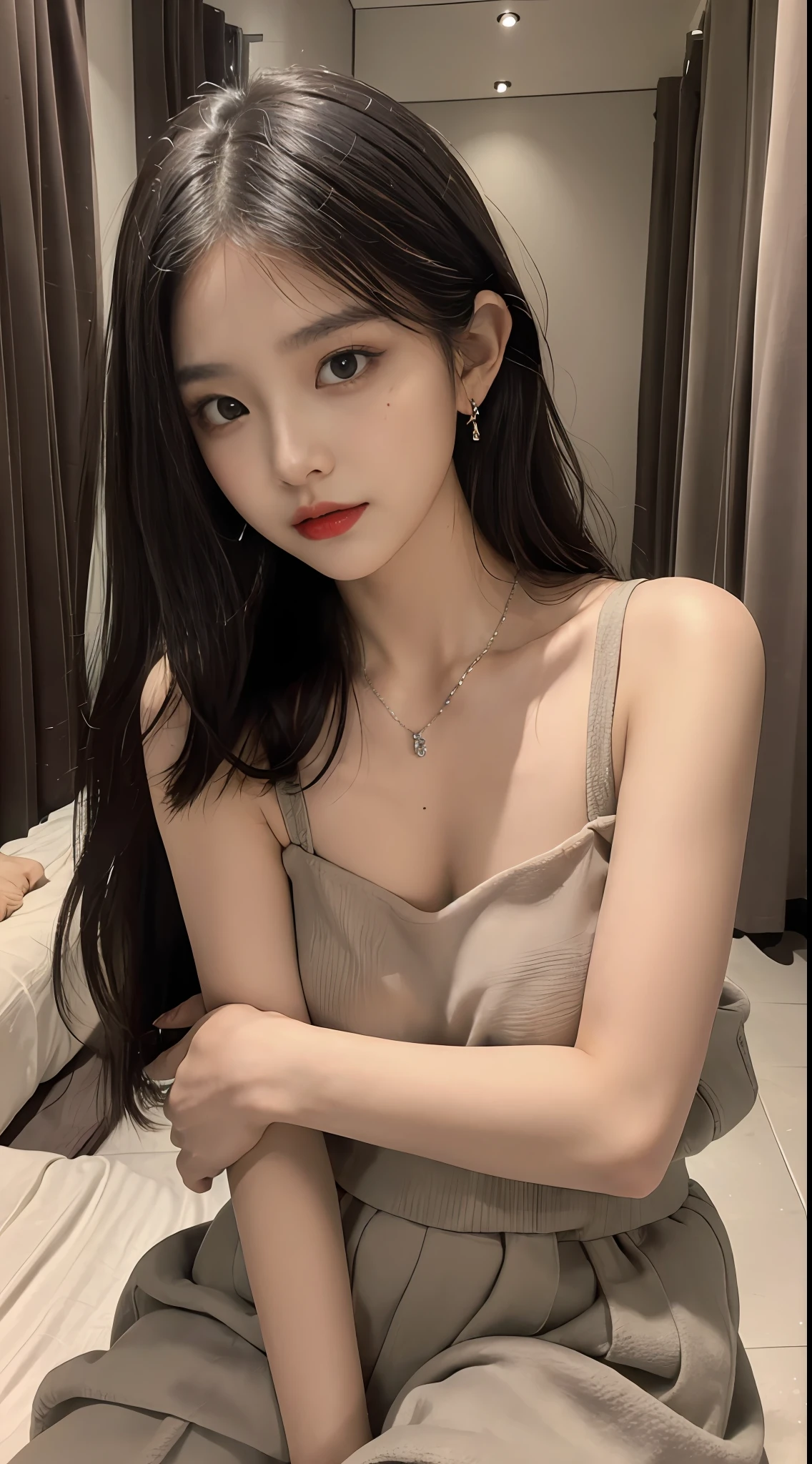 (tmasterpiece),Best quality at best,8K分辨率,3D,A beautiful girl,Wear suspenders,With a necklace,There is a beauty mole under the corner of the left eye ,perfect body figure,((Beautiful detailed face)),(full bodyesbian:1.2),Black color hair(Untidy),Delicate makeup,Redlip,Oily lips,long eyelasher,With silver earrings,Big bright eyes,eye shadows,Lying silkworm,cinmatic lighting,cute female child,Works of masters,high detal,The picture is colorful,Light and shadow details,Extremely delicate beautiful girl,Supple and fair skin,Exquisite facial features,s the perfect face,Stunning beauty,extremy detailed,Realistic details,face to the viewer,, sharp fokus:1.2, 1girll