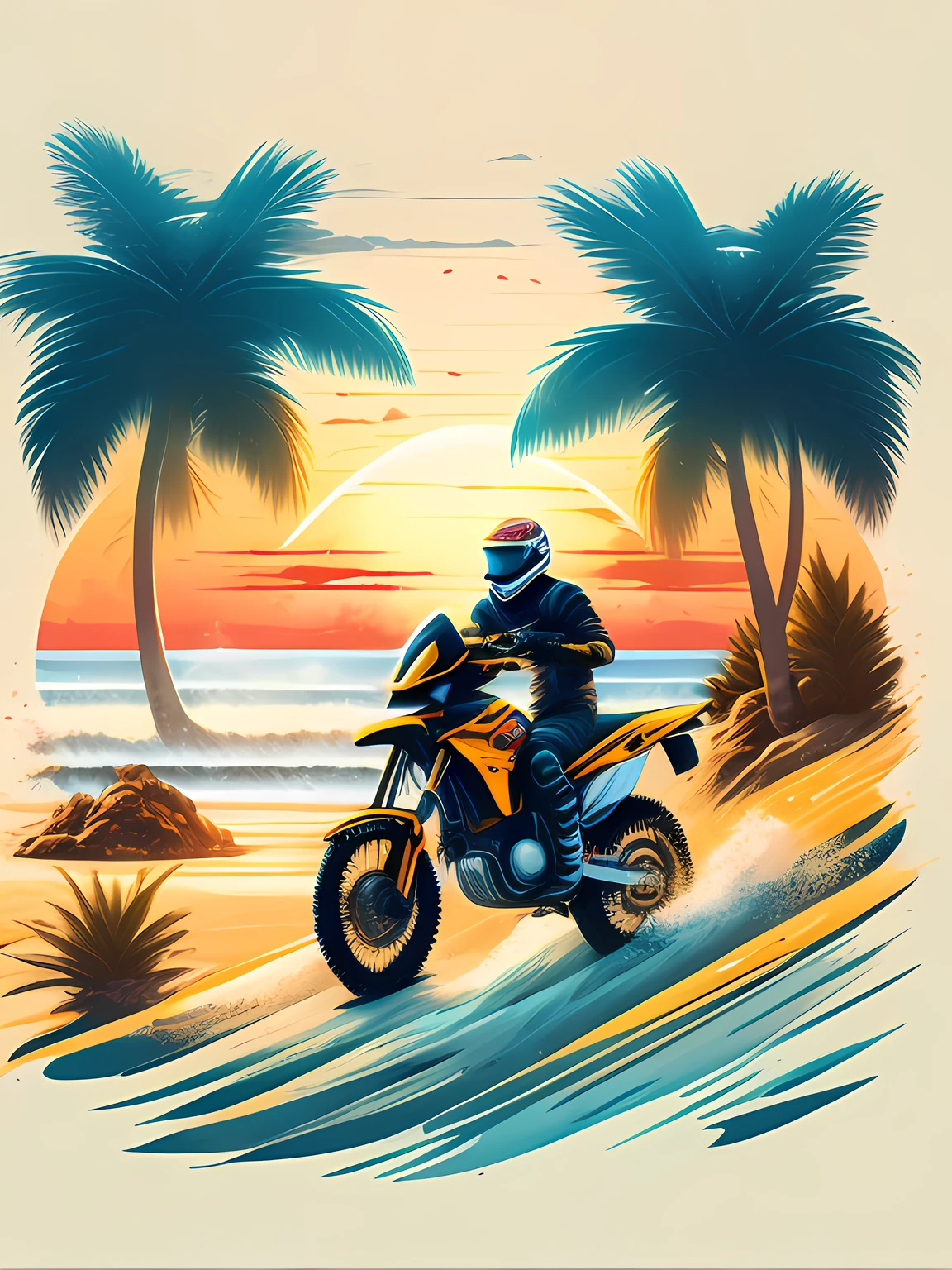 "moto, A beach in a summer landscape, design de camiseta, midjourney, arte vetorial, hydro74"