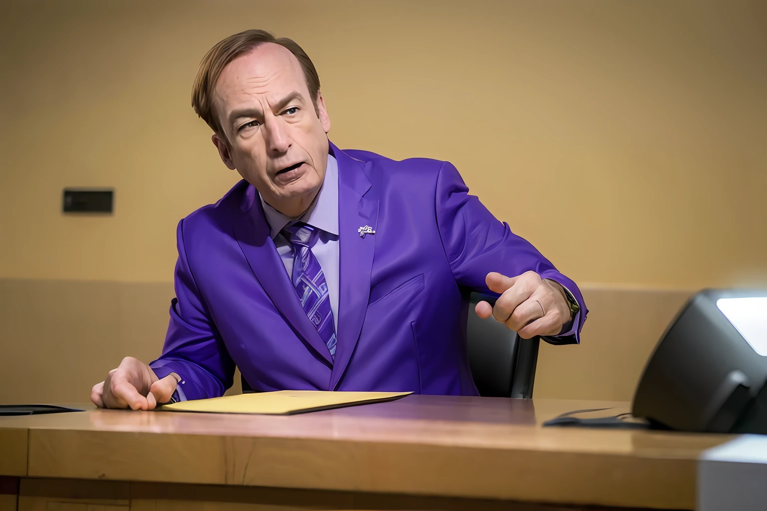 (8k, foto RAW, melhor qualidade, obra-prima:1.2), (realista, foto-realista:1.37), homem, Saul, terno roxo, (apontando o indicador para o espectador:1.3), muito confiante, no tribunal,