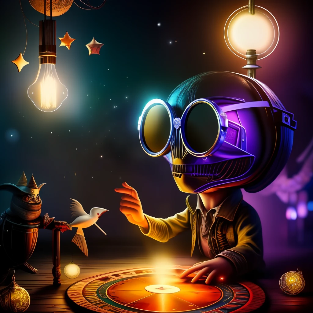 high-resolution, ultra-detailed, 8K closeup of an Alien Entity playing hopscotch on an enchanted ouija board under the glow of fairy lights, vintage spectacles reflect the magic-infused threads, intricate & maximalist composition, a harmonious blend of realism and fantasy, by "Awwchang", "James Christensen", "Carne Griffiths", and "CGSociety”