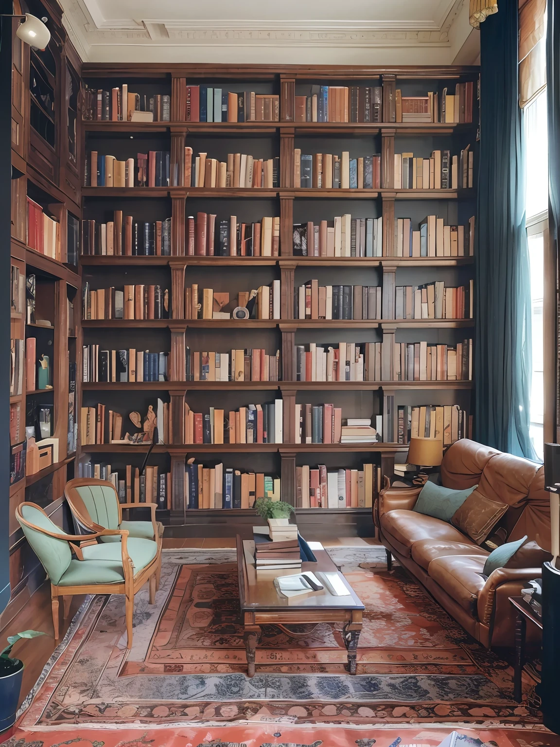 there is a couch and a book shelf in a living room, wall to wall bookcases, book shelves, bookshelves, bookshelf, books all over the place, book shelf small library, small library, tall ceiling, book shelf, book case, very tall ceilings, tall ceilings, interior of a living room, high ceiling, shelves, low ceiling, high ceilings