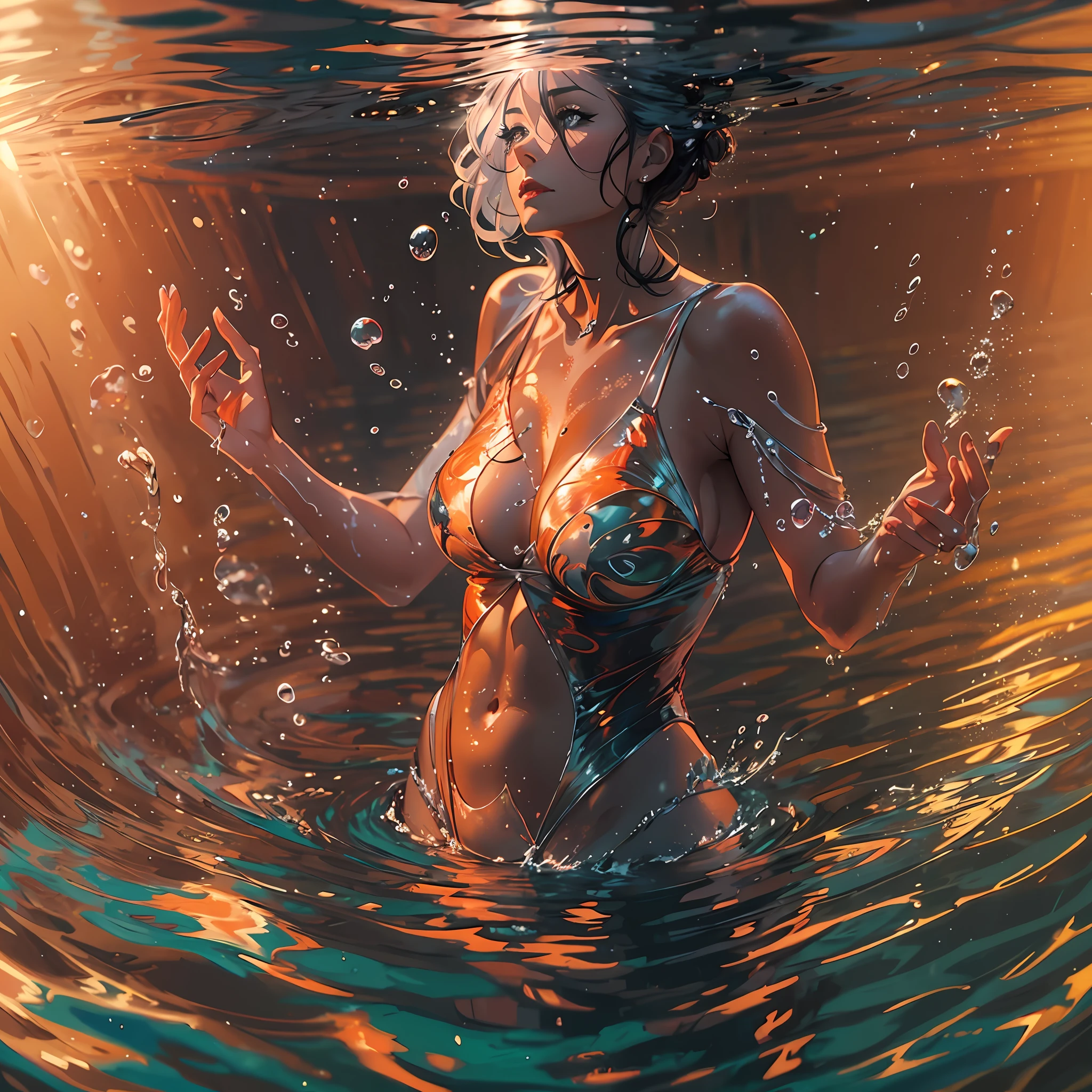woman, realistic, shiny body, posing, underwater, water surface, sunset