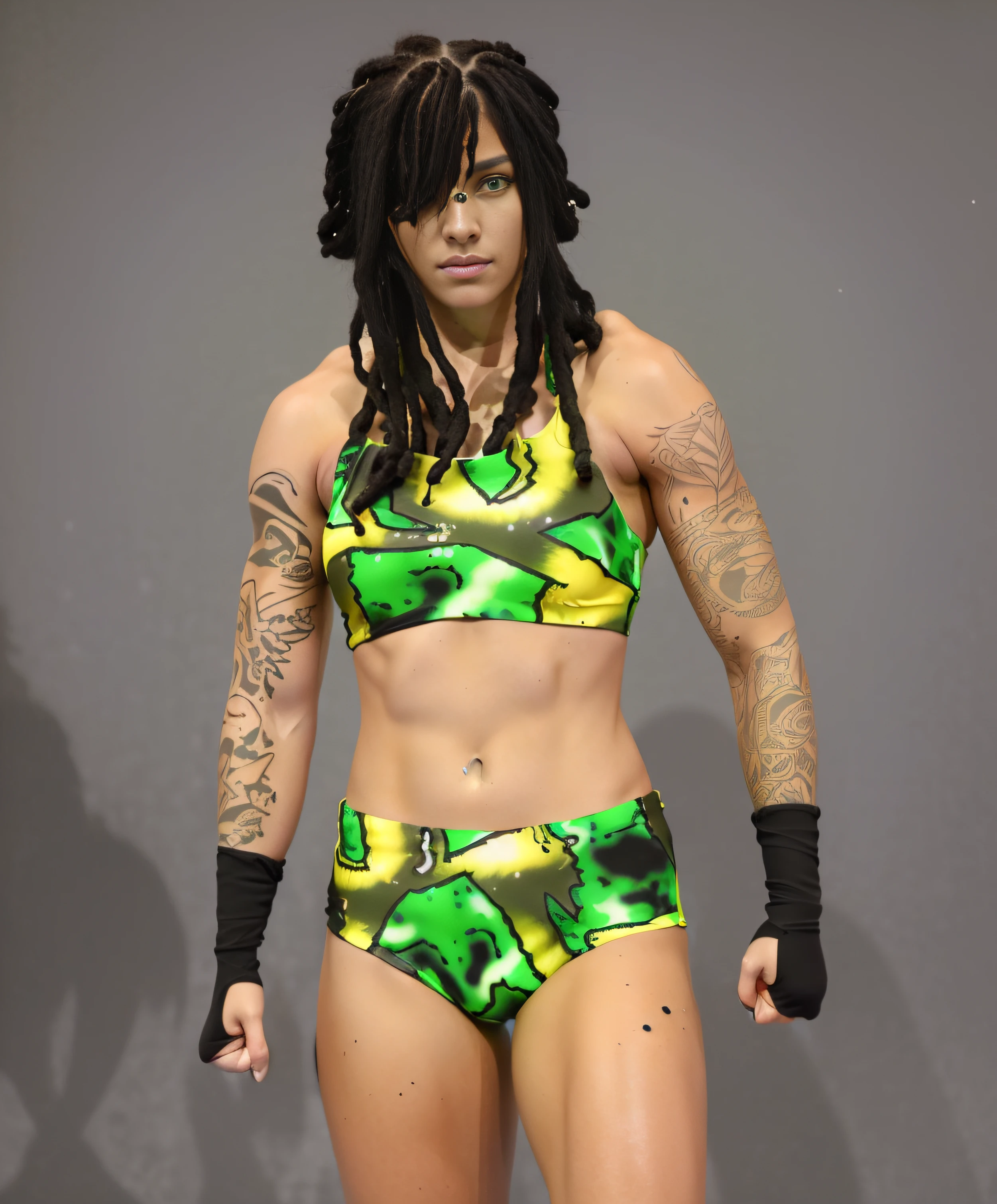 ((masterpiece, best quality)), Caucasian female wrestler with partial dreads, black fire tattoos, in green yellow and black slime patterned sports bra, green yellow and black slime patterned trunks, black hand-wraps, ((photo realistic)), intricate details