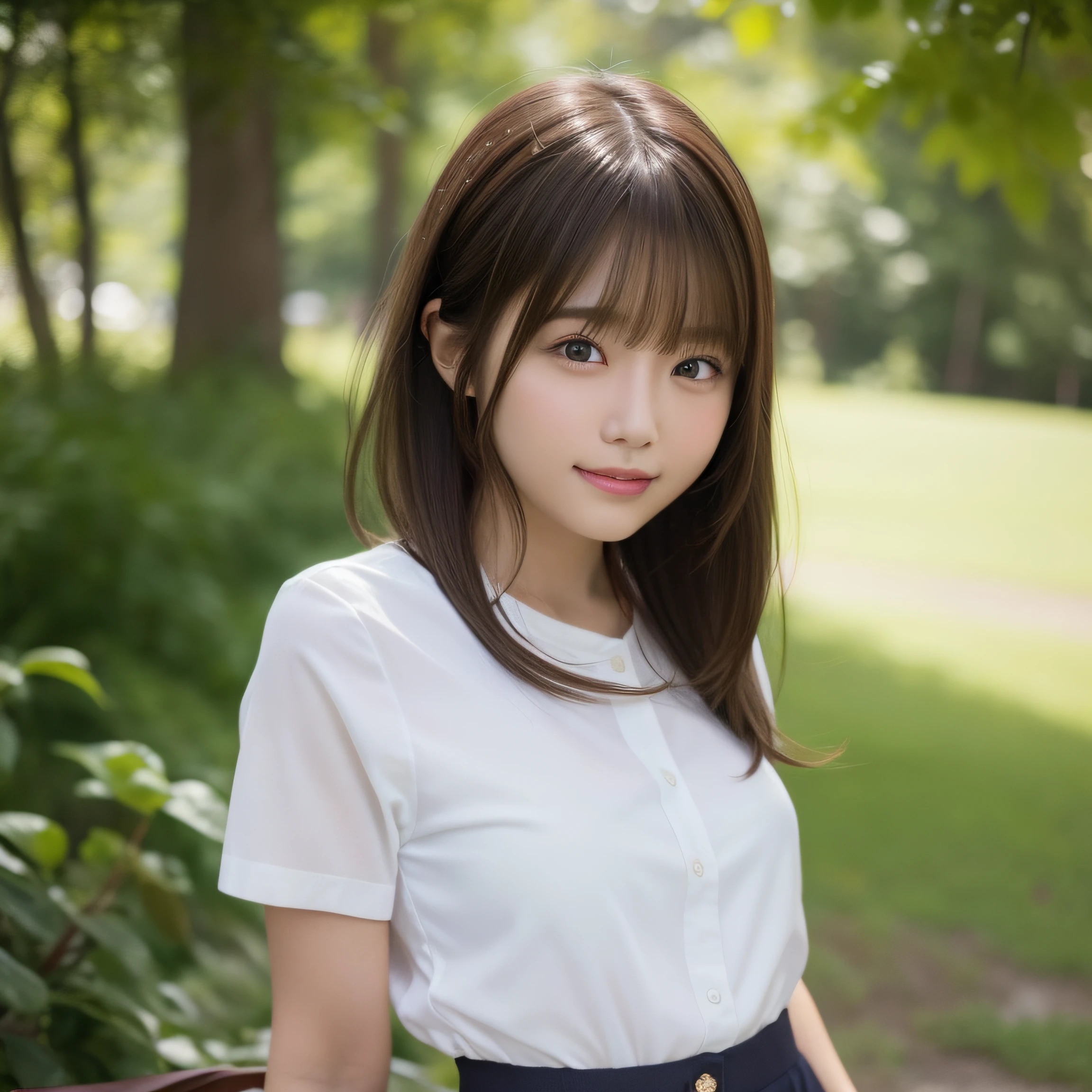 NSFW, 8k RAW photo, top-quality:1.1, ​masterpiece:1.3, 超A high resolution, film grains, filmg, 1girl, looking at the viewers, natural skin textures:1.1, realistic eyes and face details:1.1, Full lips, fluffy hair, Shy smile, The shirt, Beautiful natural places,full bodyesbian、Around the position of the flower, (细致背景), Plaid skirt, white  shirt,(Brown medium hair,Bangs), (touch hair:1.4),nogizaka:1.1,beautiful legs:1.1,poneyTail
