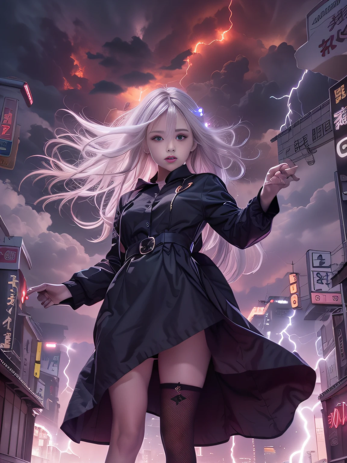 Black goth-rowley girl floating in the city with lightning,Gothloli albino girl floating in the city with one hand,Woman in black dress with red and black hair, Gothic Maiden girl, girl in black dress, 1 7 year old girl,Old Goth girl, an elegant gothic princess, artwork in the style of guweiz, in the art style of bowater, dreamy gothic girl, 8k high quality detailed art, gothic art style, wearing a gothic dress,closing,Wearing underwear,Red Eyes,Looking down,white hair,Wind,Head tilt,White hair, Silver hair, Long hair, Blunt bangs, Straight hair, Big hair, expressive hair, (Red eyes that glow intensely:1.8), Downward eyes, (Red Eyes:1.5),small tits,Thin leg,Crazy, Disappointed,wide Shots,wide angles,sideshot,3 views,,(Close up portrait of a person in a black dress flies over the city:1.7),People fleeing the busy streets of a city lined with shops々々々々々々々, busy street, Street crowded with people, photograph of the city street, japanese downtown, Traditional Cities of Japan, Busy streets,busy cityscape, bustling city, Crowded with people, Bustling streets in the moon, crowdedstreets, shutterstock, Bustling small town streets,bad weather、A huge amount of purple lightning came out of the girl's hand and hit the city,Dark clouds cover the city pierced by clouds of lightning, Lightning clouds, Atmospheric lightning, Pink lightning, With thunderstorms, Dark storm with lightning, Dramatic purple lightning, Lightning in the sky, Contrast Lightning, thunderstorm in the sky, Lightning in the background, With lightning, Stormy weather with lightning, Upper volumetriclightning,Effect of wearing purple aura,(Control a large number of lightning with open arms:1.4),Destroy the city with a girl's lightning attack,Called nose,Lightning effect on both hands,Countless balls glowing purple around the girl,goddess of lightning, Storm, Storm outside, She attracts a lot of purple lightning,