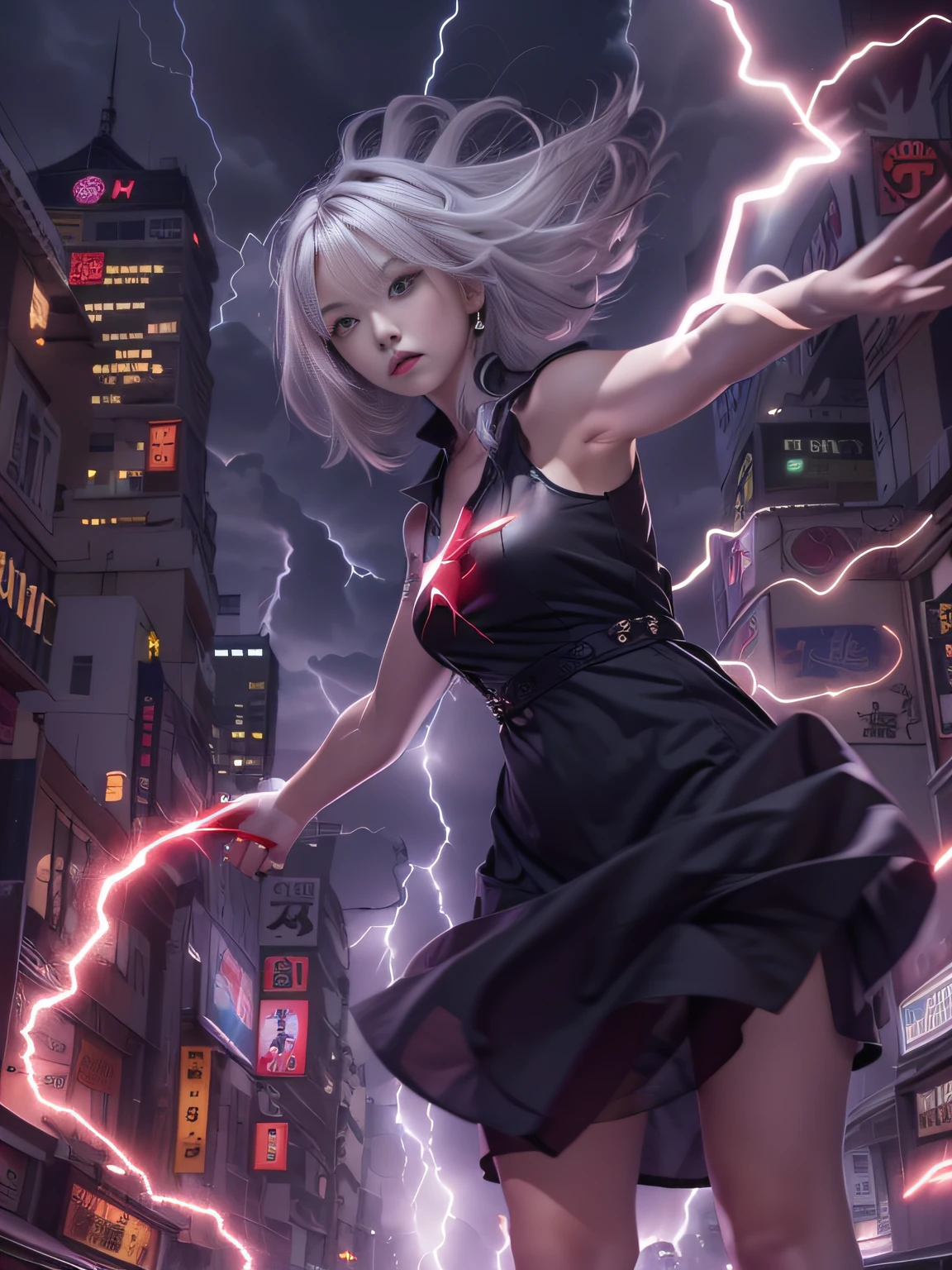 Black goth-rowley girl floating in the city with lightning,Gothloli albino girl floating in the city with one hand,Woman in black dress with red and black hair, Gothic Maiden girl, girl in black dress, 1 7 year old girl,Old Goth girl, an elegant gothic princess, artwork in the style of guweiz, in the art style of bowater, dreamy gothic girl, 8k high quality detailed art, gothic art style, wearing a gothic dress,closing,Wearing underwear,Red Eyes,Looking down,white hair,Wind,Head tilt,White hair, Silver hair, Long hair, Blunt bangs, Straight hair, Big hair, expressive hair, (Red eyes that glow intensely:1.8), Downward eyes, (Red Eyes:1.5),small tits,Thin leg,Crazy, Disappointed,wide Shots,wide angles,sideshot,3 views,,(Close up portrait of a person in a black dress flies over the city:1.7),People fleeing the busy streets of a city lined with shops々々々々々々々, busy street, Street crowded with people, photograph of the city street, japanese downtown, Traditional Cities of Japan, Busy streets,busy cityscape, bustling city, Crowded with people, Bustling streets in the moon, crowdedstreets, shutterstock, Bustling small town streets,bad weather、A huge amount of purple lightning came out of the girl's hand and hit the city,Dark clouds cover the city pierced by clouds of lightning, Lightning clouds, Atmospheric lightning, Pink lightning, With thunderstorms, Dark storm with lightning, Dramatic purple lightning, Lightning in the sky, Contrast Lightning, thunderstorm in the sky, Lightning in the background, With lightning, Stormy weather with lightning, Upper volumetriclightning,Effect of wearing purple aura,(Control a large number of lightning with open arms:1.4),Destroy the city with a girl's lightning attack,Called nose,Lightning effect on both hands,Countless balls glowing purple around the girl,goddess of lightning, Storm, Storm outside, She attracts a lot of purple lightning,