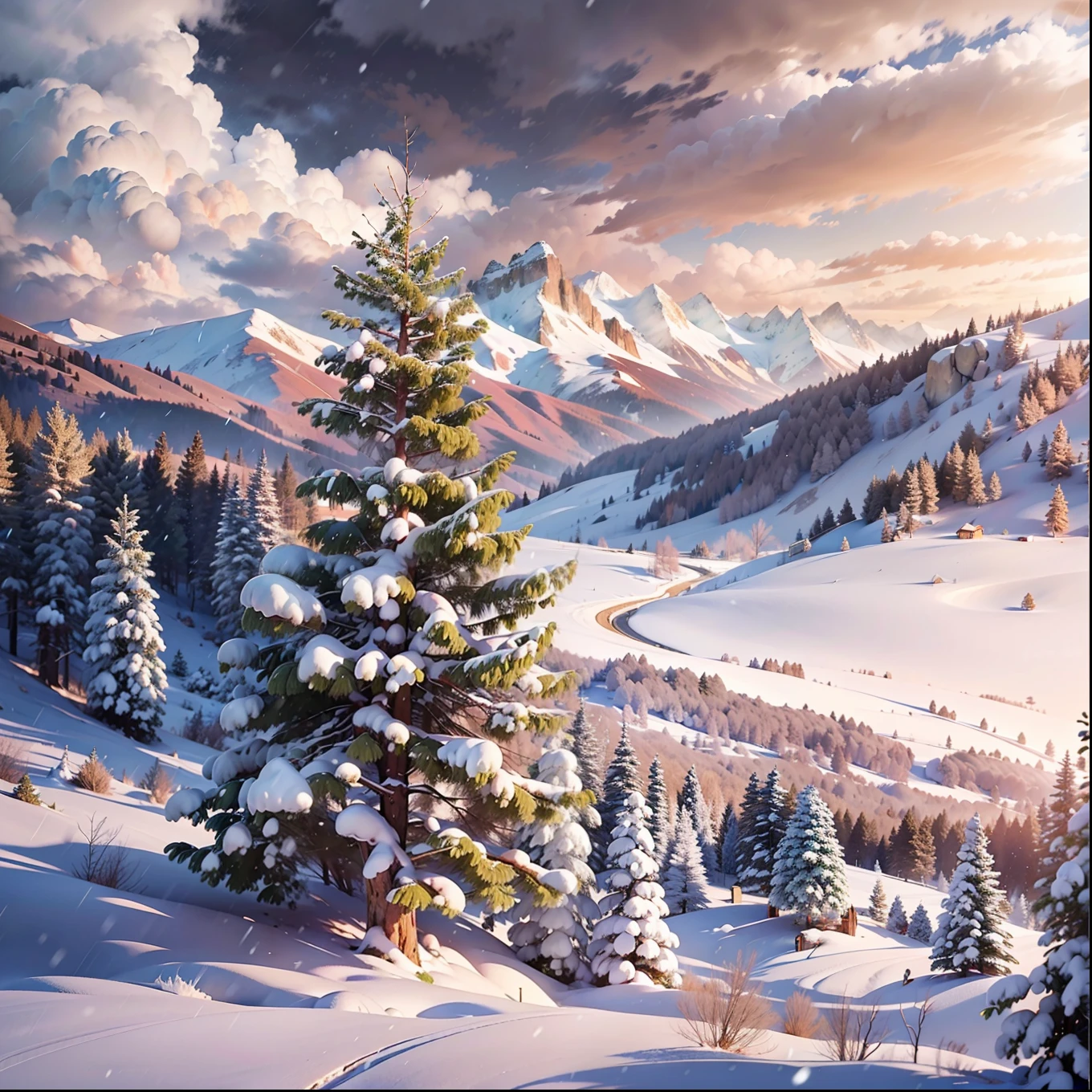Masterpiece, best quality CG unified wallpaper 8k, breathtaking winter landscape, covered in snow. winds in the distance, with leadless trees and high on one side, heavy snow pressing branches, and golden light can be seen in the distance (cloudy mountains), DSLR, pine trees, green leaves