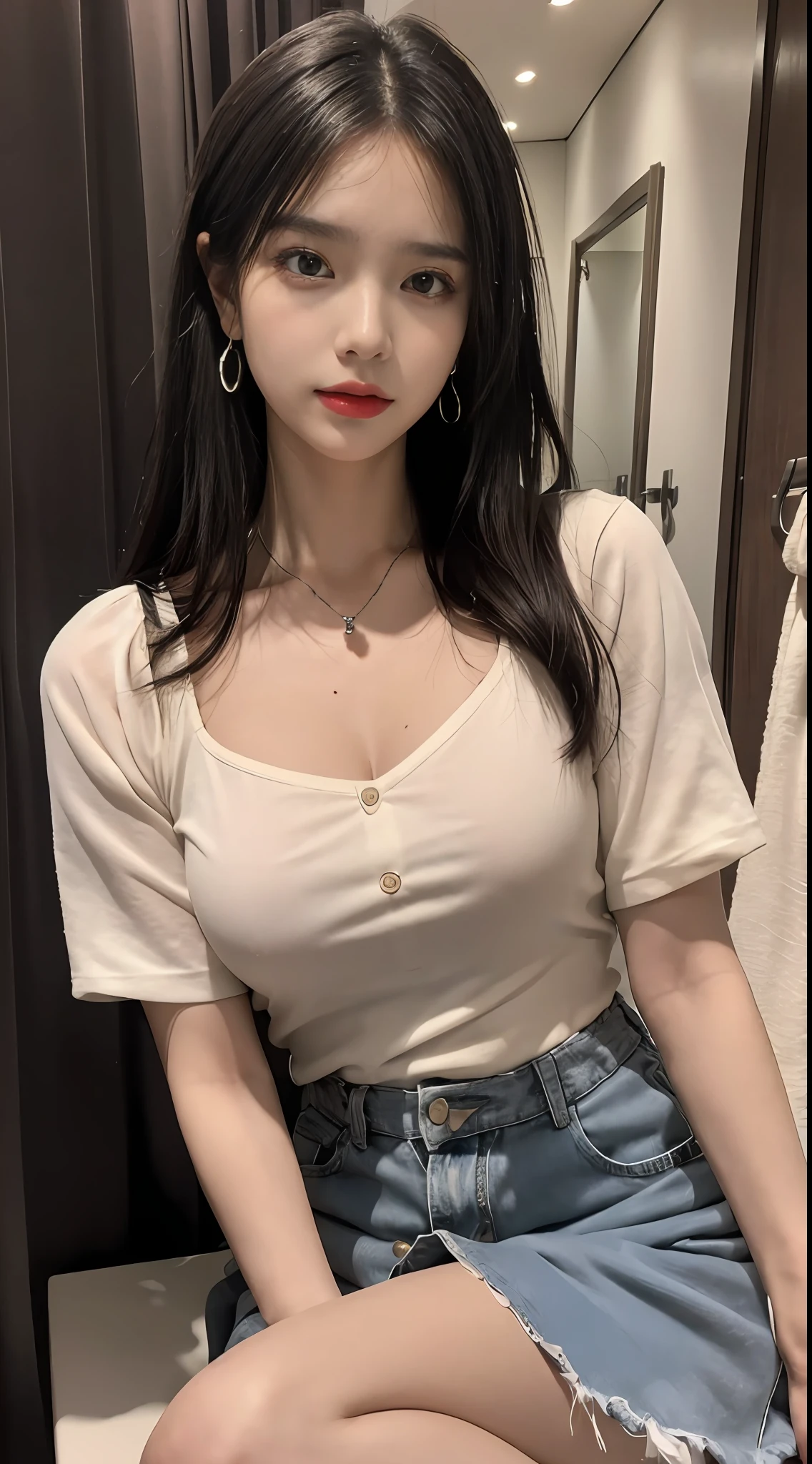 (tmasterpiece),Best quality at best,8K分辨率,3D,A beautiful girl,Wear suspenders,With a necklace,There is a beauty mole under the corner of the left eye ,perfect body figure,((Beautiful detailed face)),(full bodyesbian:1.2),Black color hair(Untidy),Delicate makeup,Redlip,Oily lips,long eyelasher,With silver earrings,Big bright eyes,eye shadows,Lying silkworm,cinmatic lighting,cute female child,Works of masters,high detal,The picture is colorful,Light and shadow details,Extremely delicate beautiful girl,Supple and fair skin,Exquisite facial features,s the perfect face,Stunning beauty,extremy detailed,Realistic details,face to the viewer,, sharp fokus:1.2, 1girll