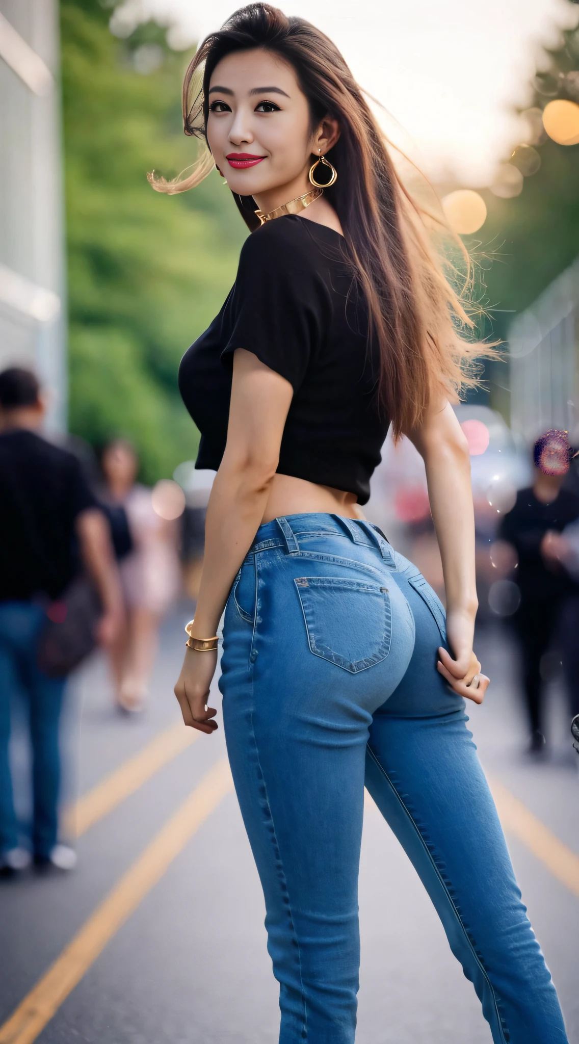 Photo Quality、An ultra-high picture quality、8K、32K、masterpiece、top-quality、1girl in、younggirl、Brown-eyed、length hair、Face smile、shinny skin、(Nice leg line:1.3)、thin-waist、huge-breasted、
、tshirts、Ripped_skinny_jeans、Black_lowfers、Structured_Handbag、Layered_Necklaces、
break
Around the crowd:1.1,depth of fields,Look at viewers,Looking from the side,full body Esbian、Looks Back、Peach butt