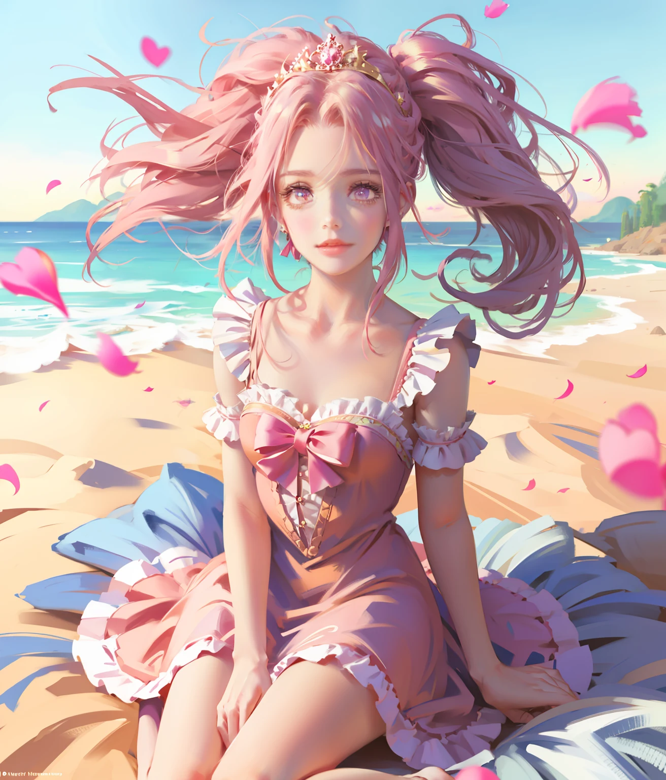 （ultraclear，A high resolution，Surprising detail，1girll，dual horsetail，frizzy hair）ssmile，Pink double ponytail and pink eyes，Anime girl in pink dress，tiara crown，Highly saturated color，Natural light，Anime princess,  portrait of magical girl, loli in dress, Loli, Lolita prostitute，magical little girl, style of magical girl, Anime moe art style