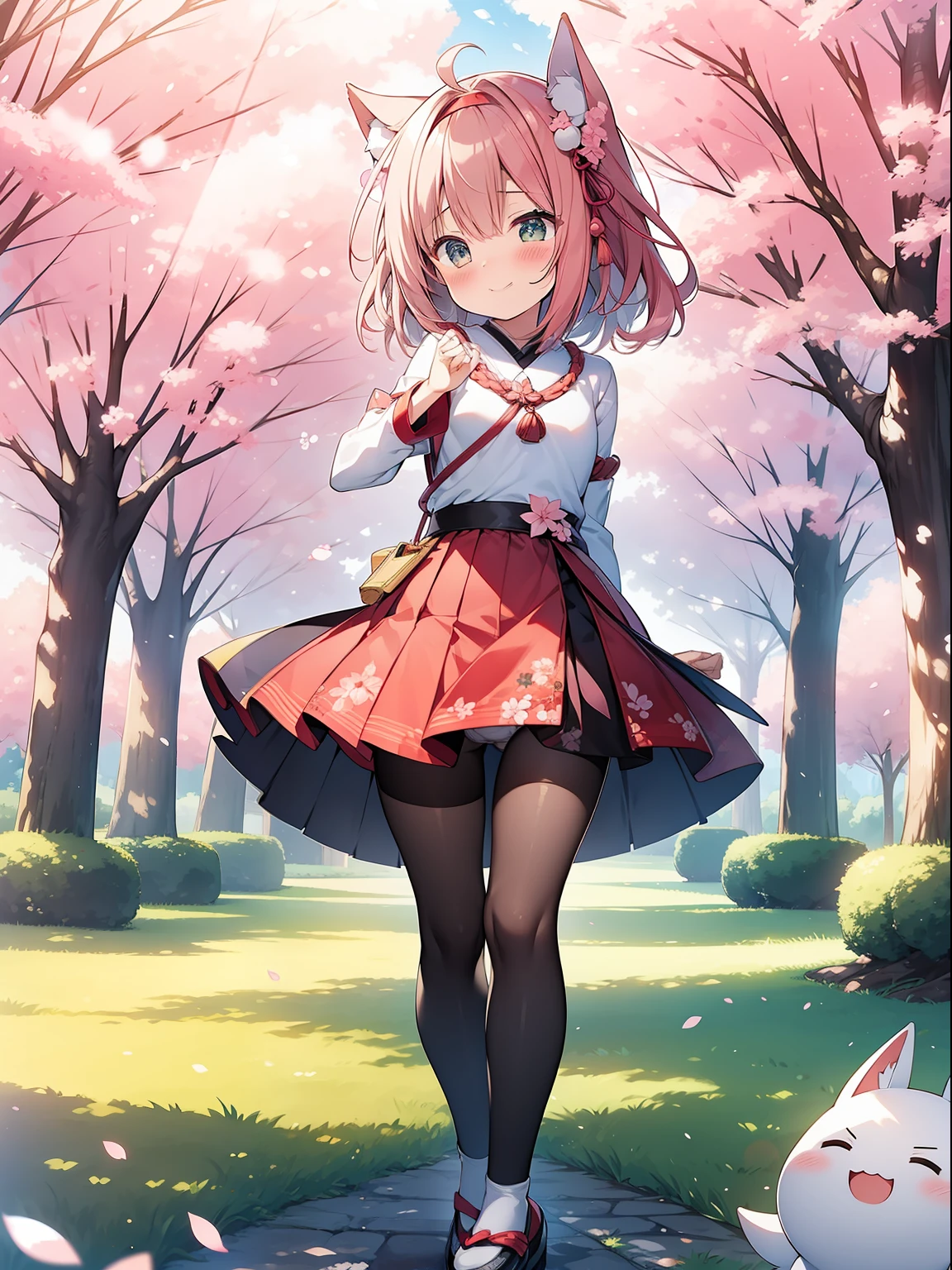 fennek girl, fennek, kawaii, in a park, sunbeams, magical lighting, sunny day, sakura blossoms, sakura trees, standing on green grass, pull hands towards, japanese village houses, undies visible, panties visible, smiling, blushing, shy pose, kawaii outfit, beautiful hair, looking away, knees together, holding pee, feet visible, traditional japanese shoes, kawaii pantyhose