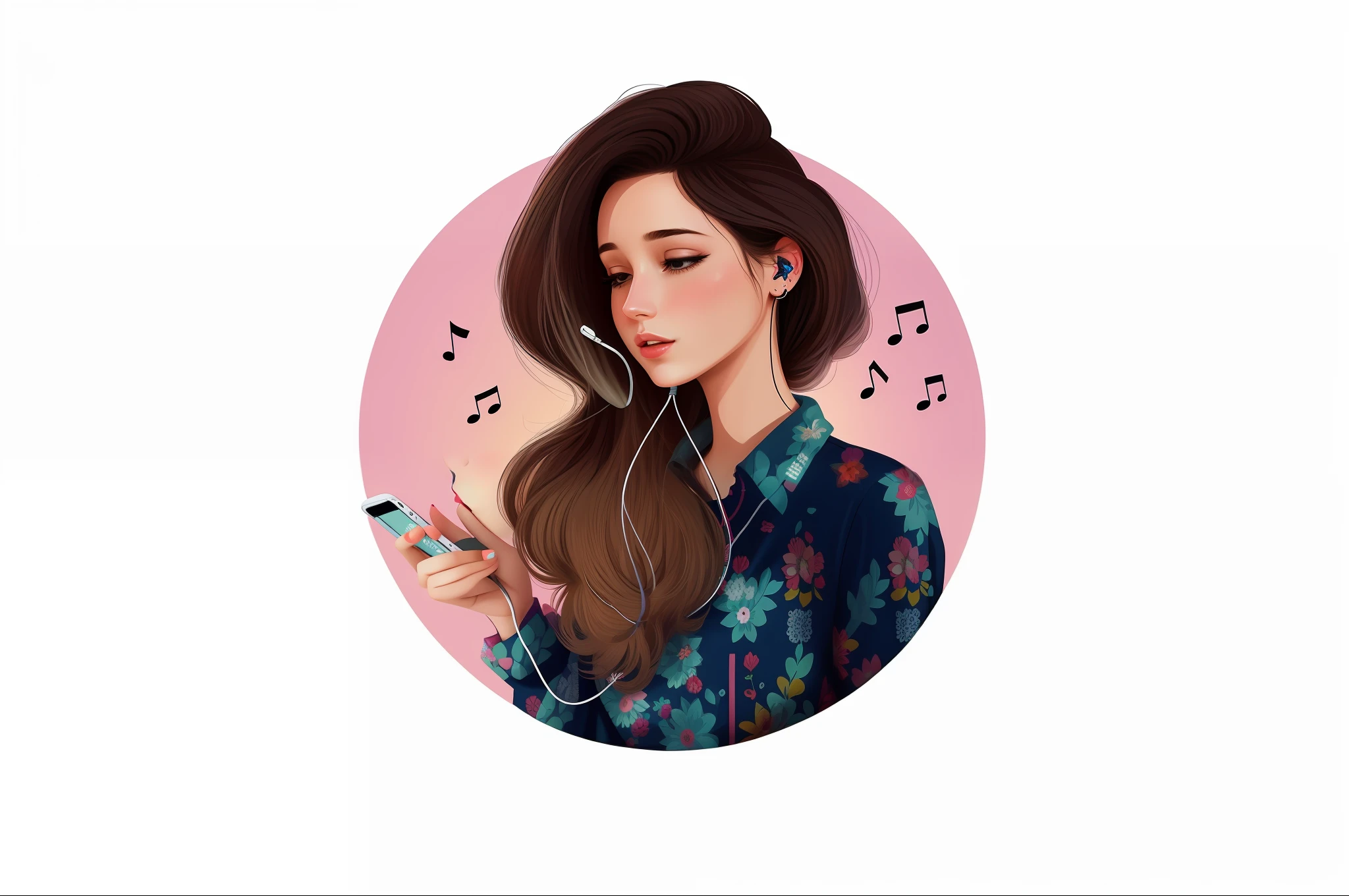 Cartoons of a woman listening to music with a cell phone, in illustration style digital,