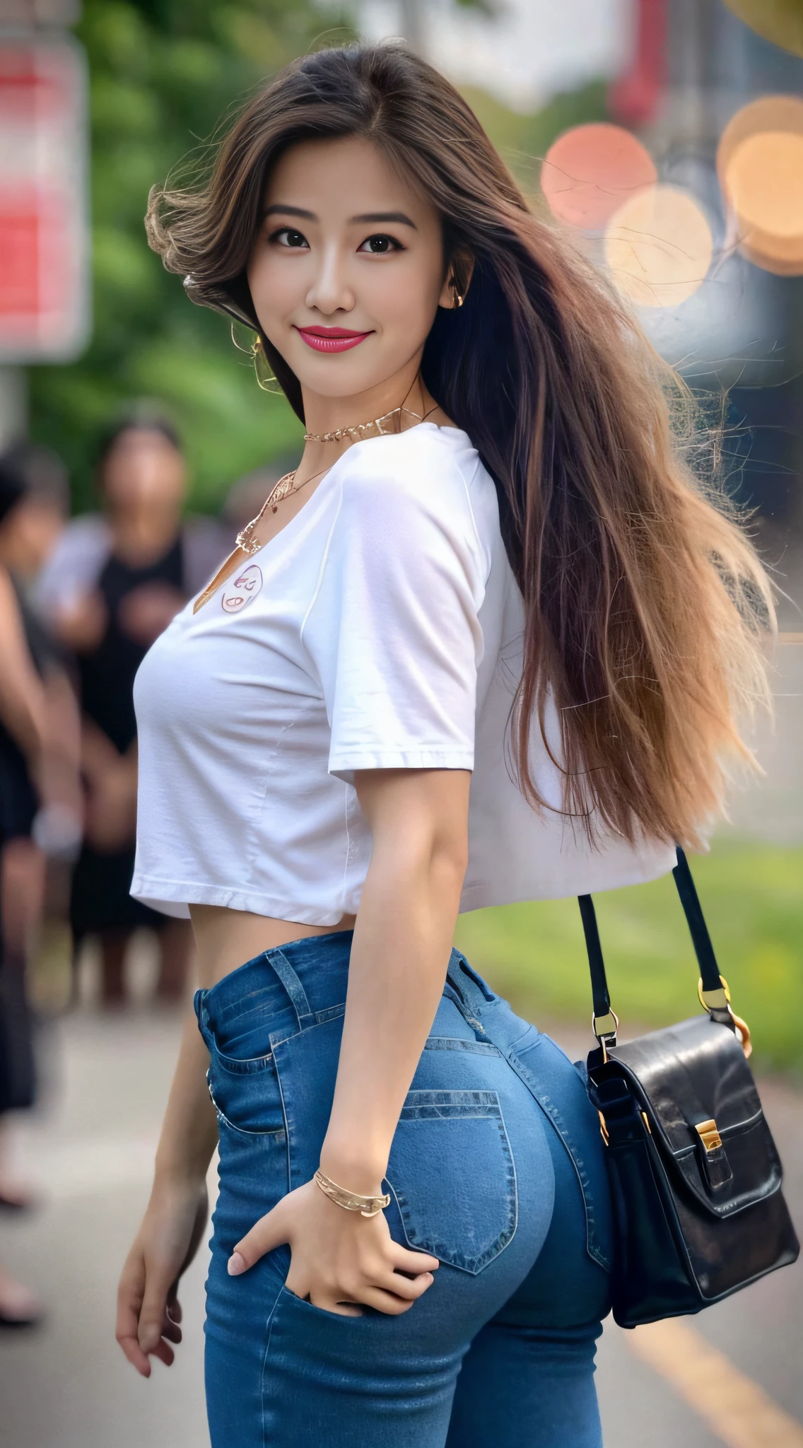 Photo Quality、An ultra-high picture quality、8K、32K、masterpiece、top-quality、1girl in、younggirl、Brown-eyed、length hair、Face smile、shinny skin、(Nice leg line:1.3)、thin-waist、huge-breasted、
、tshirts、Ripped_skinny_jeans、Black_lowfers、Structured_Handbag、Layered_Necklaces、
break
Around the crowd:1.1,depth of fields,Look at viewers,Looking from the side,full body Esbian、Looks Back、Peach butt