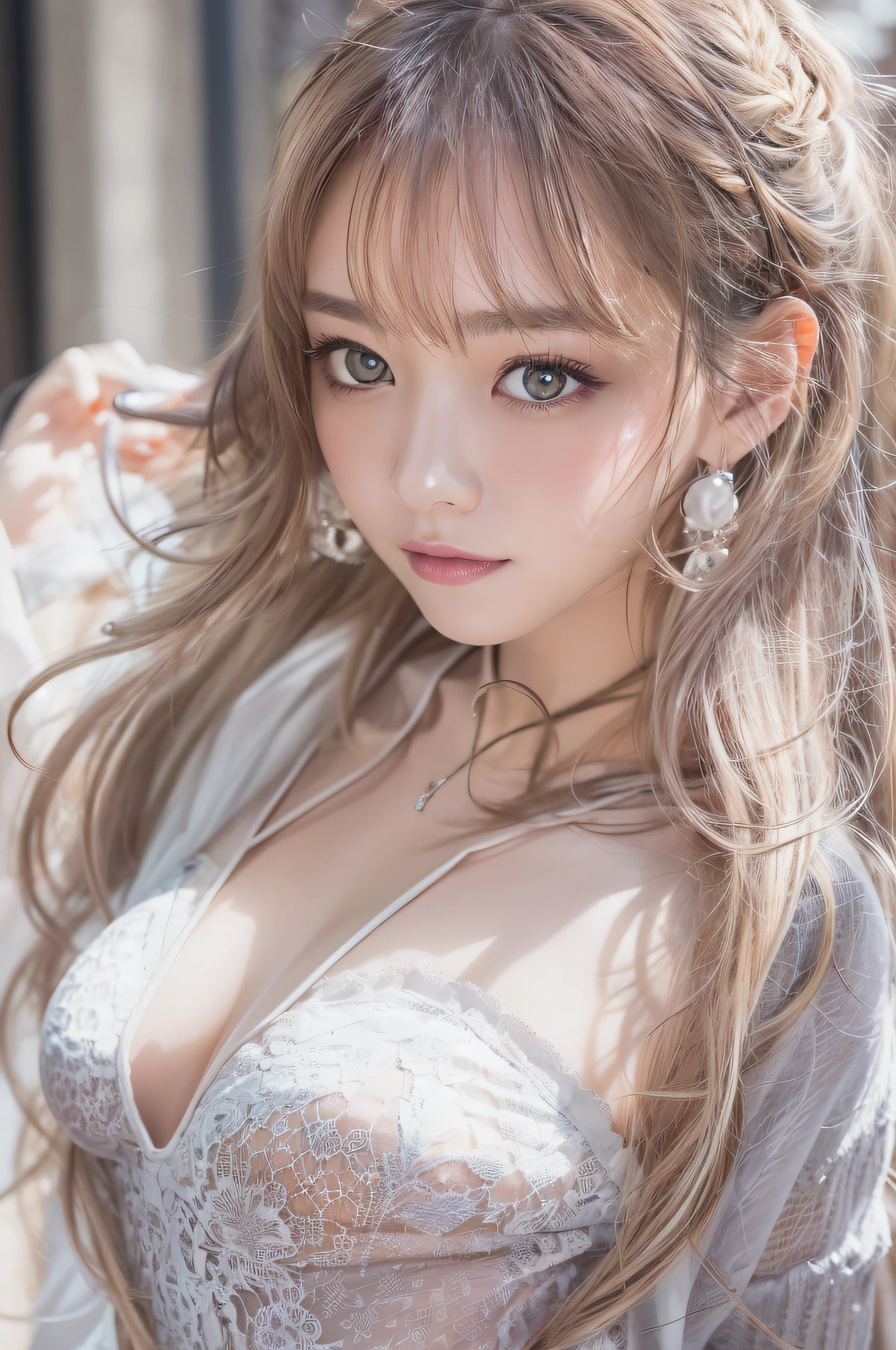 Nikon Z 85mm、((top-quality)) ((masterpiece))、intricate-detail、Sharp focus、proffesional、Photorealsitic、real life、surrealistic、photorealisim、Silhouette Light、finely detail、top-quality、Highly detailed CG Unity 8k wallpapers、erfect artwork、The upper part of the body、shinny hair、radiant eyes、shinny skin、realisitic、The perfect female figure、Constricted waist、Looking at the camera、Ren Hao、enchanting posture、sexy pose、extremely delicate and beautiful、best qualtiy、a beautiful detailed girl、Beautiful fine eyes、Facial Lights、Cinematic lighting、see -through、Transparent material、buttocks expos、realistic representation of face、(intricate detailes、makeups、(Detailed beautiful delicate face、Detailed beautiful delicate eyes、s face)perfectly proportions、Detailed skin、Detailed skin、Best ratio of four fingers and one thumb、arms below breasts、medium large breasts、smooth epigastric、Skinny and thin、lo fashion、独奏、(年轻)、Facial Highlights、The upper part of the body、A detailed face、de pele branca、silber hair、poneyTail、Braids、big eye、White simple underwear、耳Nipple Ring、Slim body、Professional Writing、1人、Thick hair、Pink pajamas、Well-groomed eyes、Bright hotel background