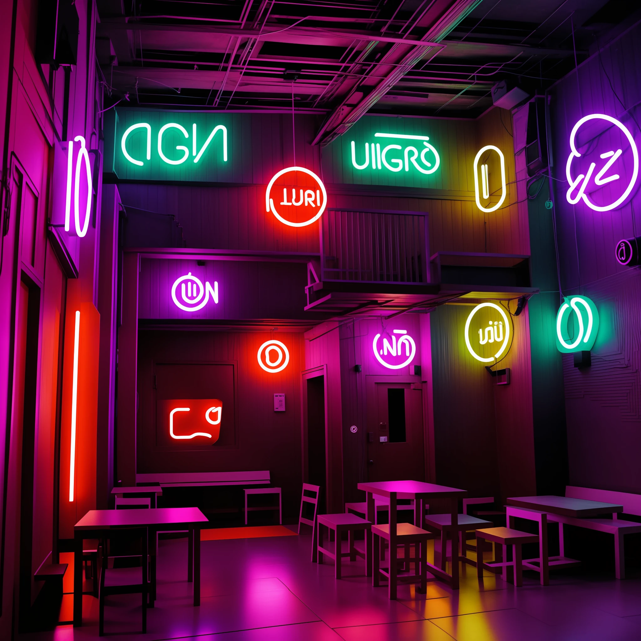 lugar neon, which takes place in futuro, com algumas pessoas, a pessoa pricipal da foto esta com uma mochila nas costas, lugar com muitas pessoas.