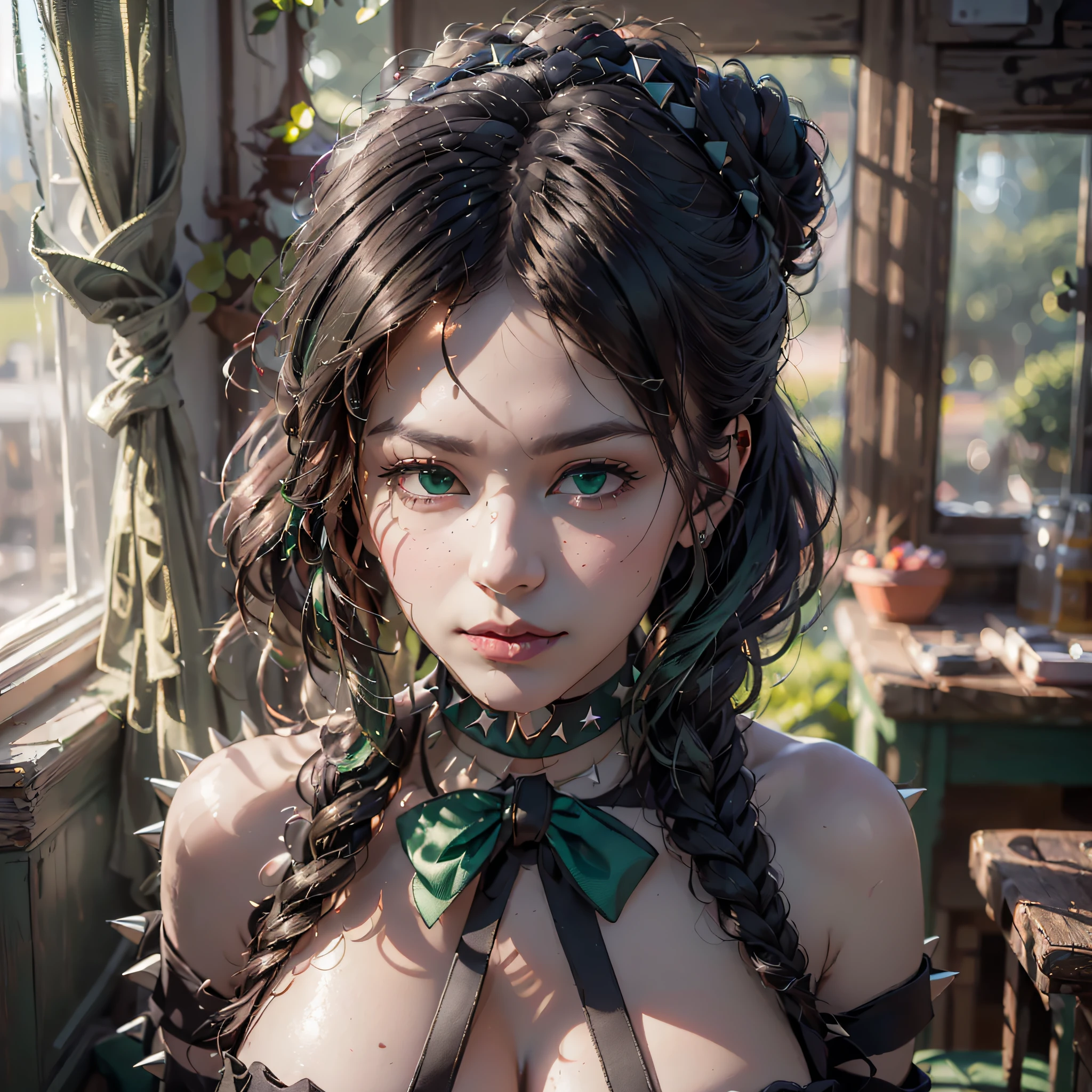 (64k, RAW photo, highres, best quality, masterpiece:2.0), (ultra-fine depiction of the detail:2.0), (realistic, beautiful, photo-realistic:1.3), 1girl, (yuri alpha), long black hair, (single braid bun:1.5), (shiny black hair, blue-gray eyes),(cool glasses), (gothic style vivid blue choker:1.5), (blue bowtie and ribbon:1.5) (simple but high-quality maid dress), (vivid dark emerald green, spiked gantlets:1.8), (solemn maid dress with gothic style coreset), (gigantic breasts:1.6), (elegant and handsome woman), (shiny skin, pink lips), (looking at the viewer:1.5), (closed mouth, a slight happy smile;1.7), (seated in a study room, filled with solemn atmosphere), (highly sophisticated professional HDR, with effective ambient occlusion, perfectly optimized effective front light:1.8), (perfect, natural, harmonious composition), (photo-realistic, ultra-detailed:1.5), ((portrait:1.6))