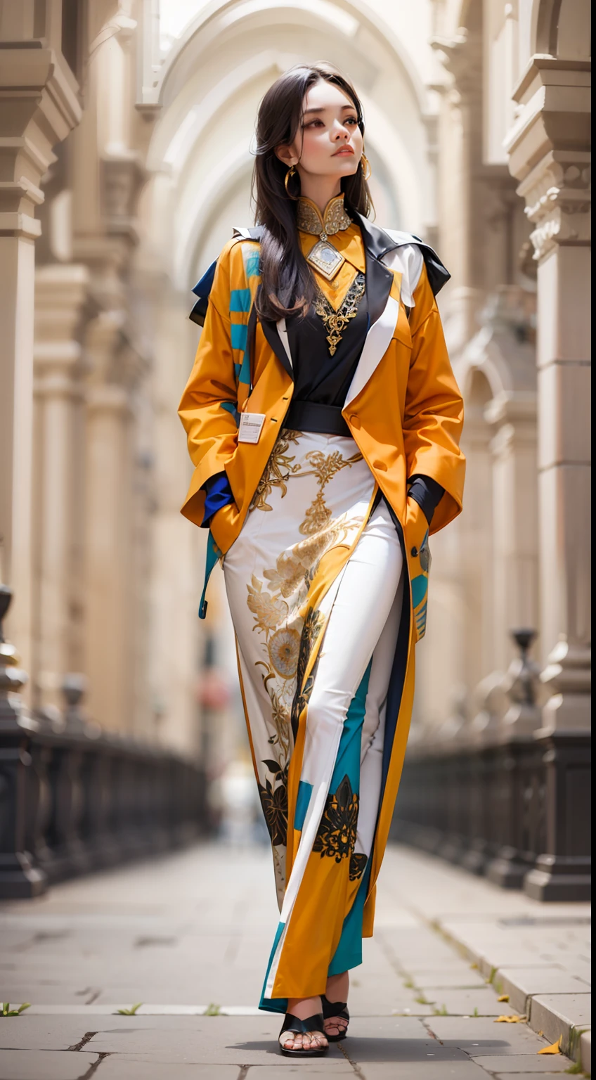 Beautiful woman in intricate Bold and Color-Blocked Outfit