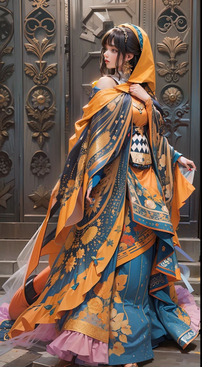Beautiful woman in intricate Bold and Color-Blocked Outfit