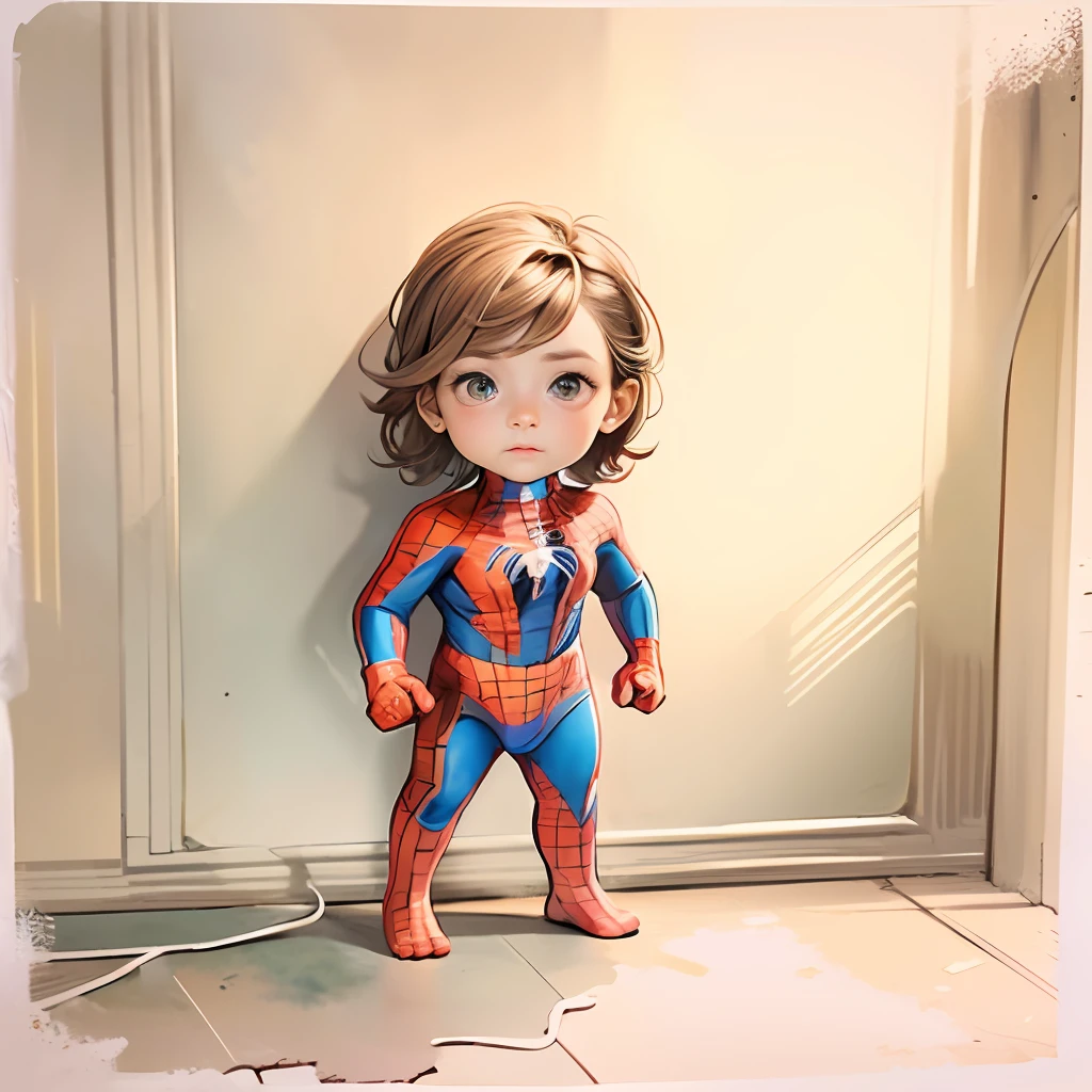 (A watercolor and pencil drawing of a standing boy dressed as a 3-year-old spider-man with brown hair),  {Vivizinho}, ((corpo inteiro)), corpo proporcional, Realistic facial features, (poros da pele), pele texturizada, analogue, grain of film, cabelo curto, rosto bonito,  rosto detalhado, olhos verdes, olhos detalhados, olhando para longe, corpo magro em forma, alta resolução, cores vivas, studio lighting, detalhes complexos, hiperdetalhado , magnifica, elegante