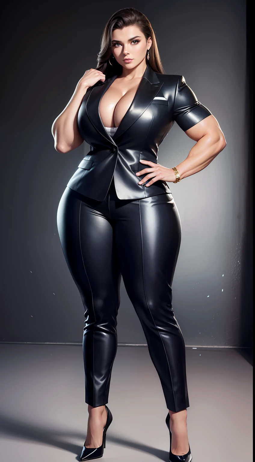 tmasterpiece,finely detailled,Burly woman,Exaggerated large muscles,Formal suit suit,high-heels, Full body like,standing on your feet,You can see the feet from the head, Beautiful and charming European female face, Single female,Very fair skin,Very broad shoulders, Strong and powerful arms,Stout arms,Strong and powerful leg muscles,looking to the camera