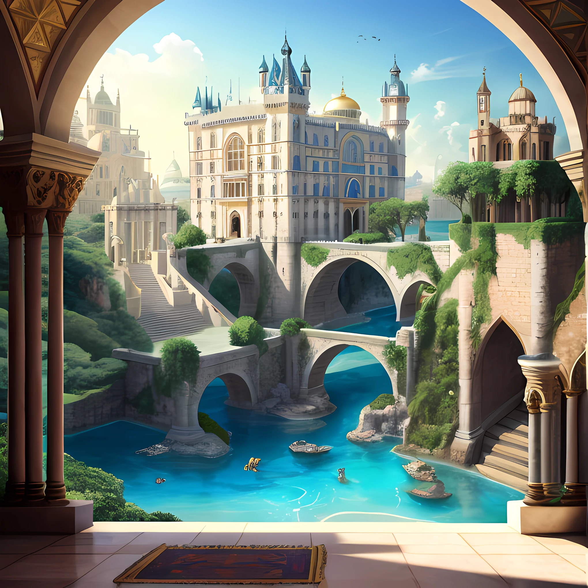imagem de uma fonte em uma grande sala com uma pintura, palace background, Fundo da Biblioteca Alquimista, interior intrincado do castelo, fundo da biblioteca, Chalice Palace, magic lab background, atlantis background