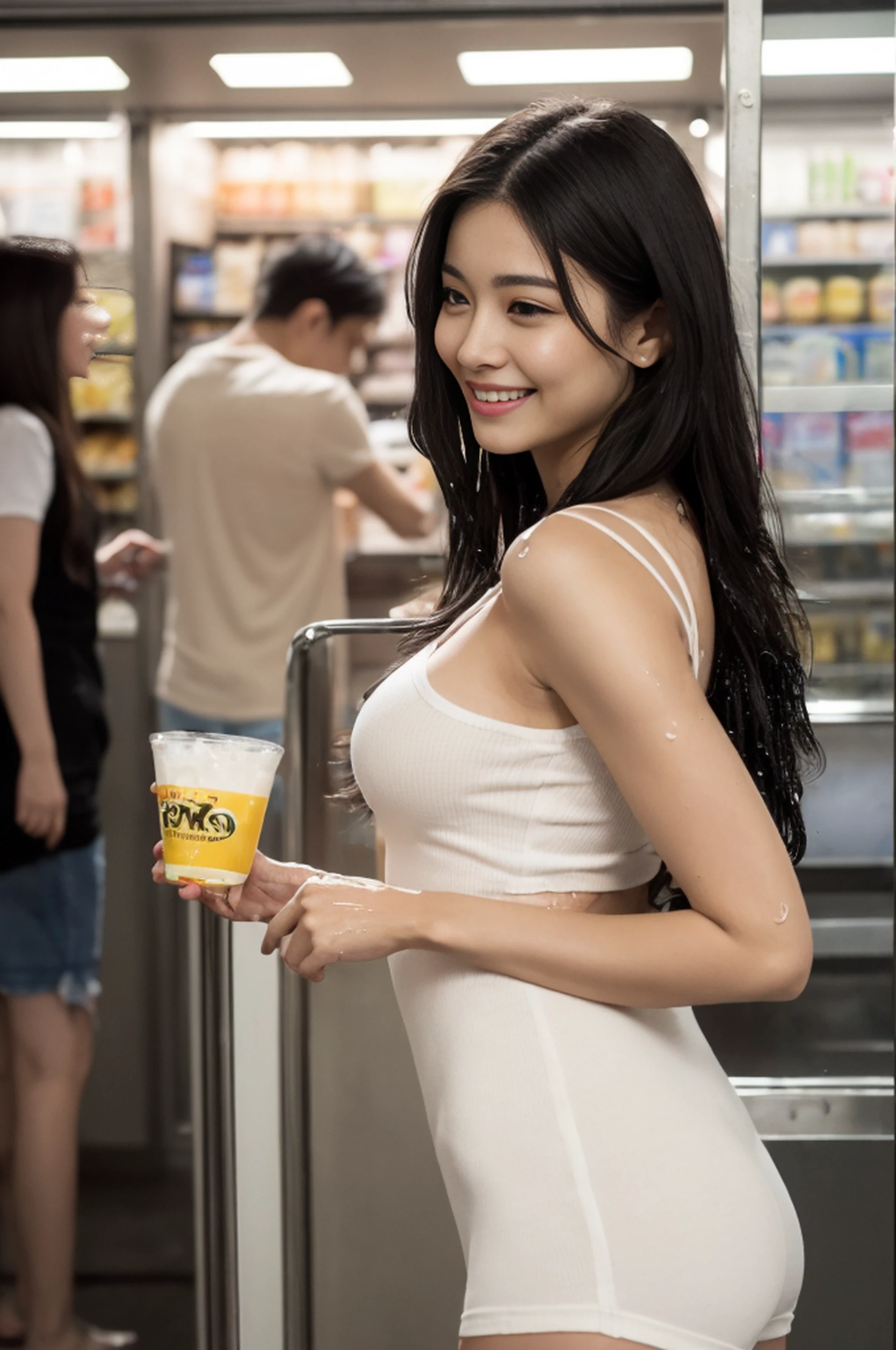 uhd candid photo of dirty, wearing white camisole, outfit : Jeans and white vest, Wearing : Tank tops, white long tanktop, White miniskirt, dressed in a white t-shirt, stood in a supermarket, casual white garment, In Hong Kong, candid shot, (Very cute woman gets futuristic cyberpunk hotel bodysuit completely torn sexy、Perfect body-wide coverage))。Afrocurly Black Medium Length Hair、40k、a picture、​masterpiece、top-quality、Dark gray background、((1girl Glen's eyes and gorgeous light black hair、Beautiful perfect face、juicy lips、de pele branca))。Soft breasts and white skin with big buttocks、Bimbo lips、Beautiful Caucasian woman in T pose。long legged((perfect chest:1.4))、((Very soft breasts))、hyperdetailed face、A detailed eye。In the spacecraft of the future。(((she is soaking wet)))、Her clothes were almost torn and torn.、Damaged、Skin exposed、White substance and water are running down her body areola sticking out、Metamorphosis、Sexy Pornstar Pose、Body with entangled tentacles, (top-quality、8K、32K、​masterpiece、nffsw:1.2)、1 girl in、beautfull Japanease woman、((Golden hair))、Fancy makeup、thin-waist、Beautiful Women in Perfect Style：1.4、Colossal tits:1.3、finerly detailed face、A smile、Peasant dress、from the rear