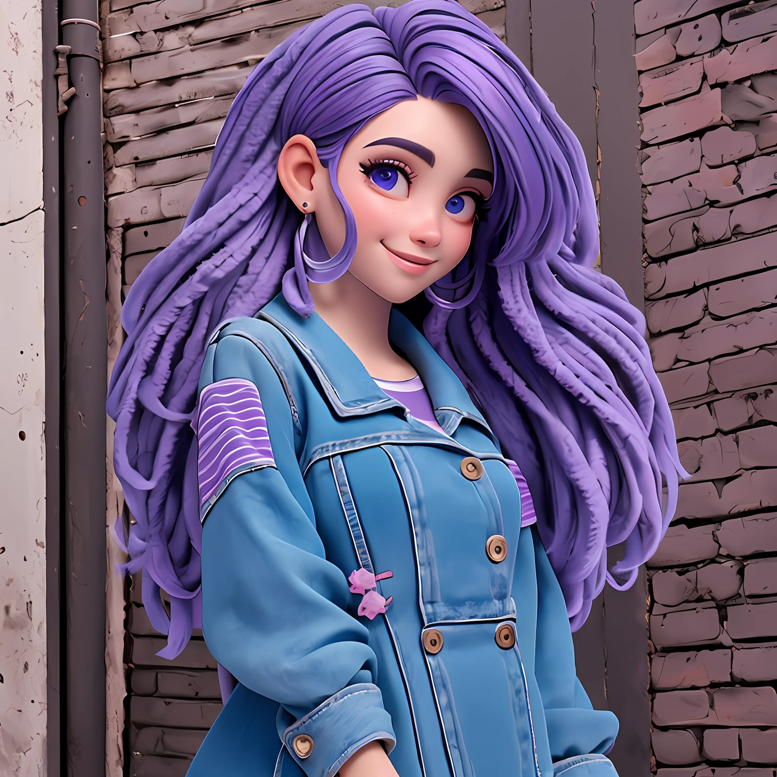 uma menina jovem, Seu cabelo esta preso, vestido longo com rendas delicadas, tom azul claro com madeixas preto claro, fone de ouvido, dread's roxo escuro, corpo inteiro, The background is filled with an urban city tone, evoking a sense of lightness and happiness.
