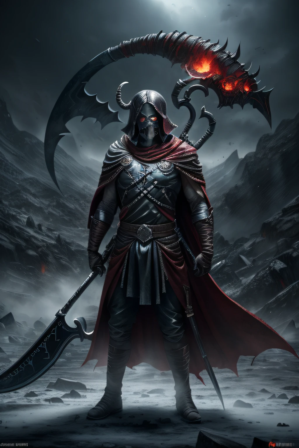 (RAW photo, best quality), (realistic, photo-realistic:1.3), (glacial hell:1.2), ((ice background:1.2)), (bad, evil:1.3), (unholy, dark:1.2), (blood), finely detail, masterpiece, ultra-detailed, highres,best realistic, best shadow,intricate,depth of field,(hell messenger:1.4),(messenger:1.2),sharp focus, volumetric fog, 8k UHD, DSLR, high quality,( film grain:1.4), Fujifilm XT3,full body, (a messenger with scythe from hell:1.3), (red eyes:1.2),