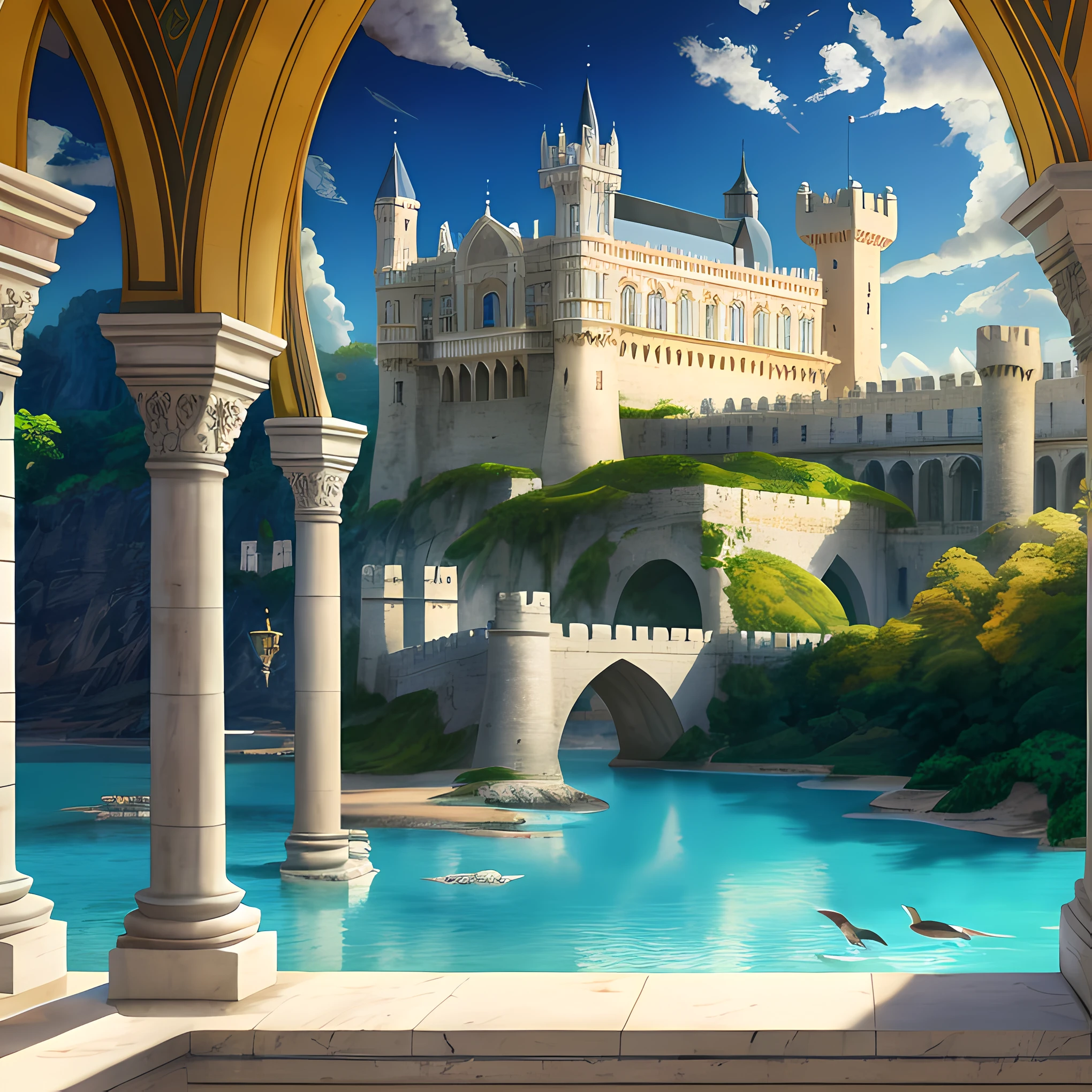 imagem de uma fonte em uma grande sala com uma pintura, palace background, Fundo da Biblioteca Alquimista, interior intrincado do castelo, fundo da biblioteca, Chalice Palace, magic lab background, atlantis background