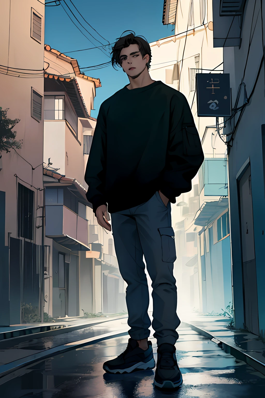 1man, obra-prima, melhor qualidade, ultra alta res, twilights, paisagem urbana futurista, profundidade de campo, short black messy hair, solo masculino