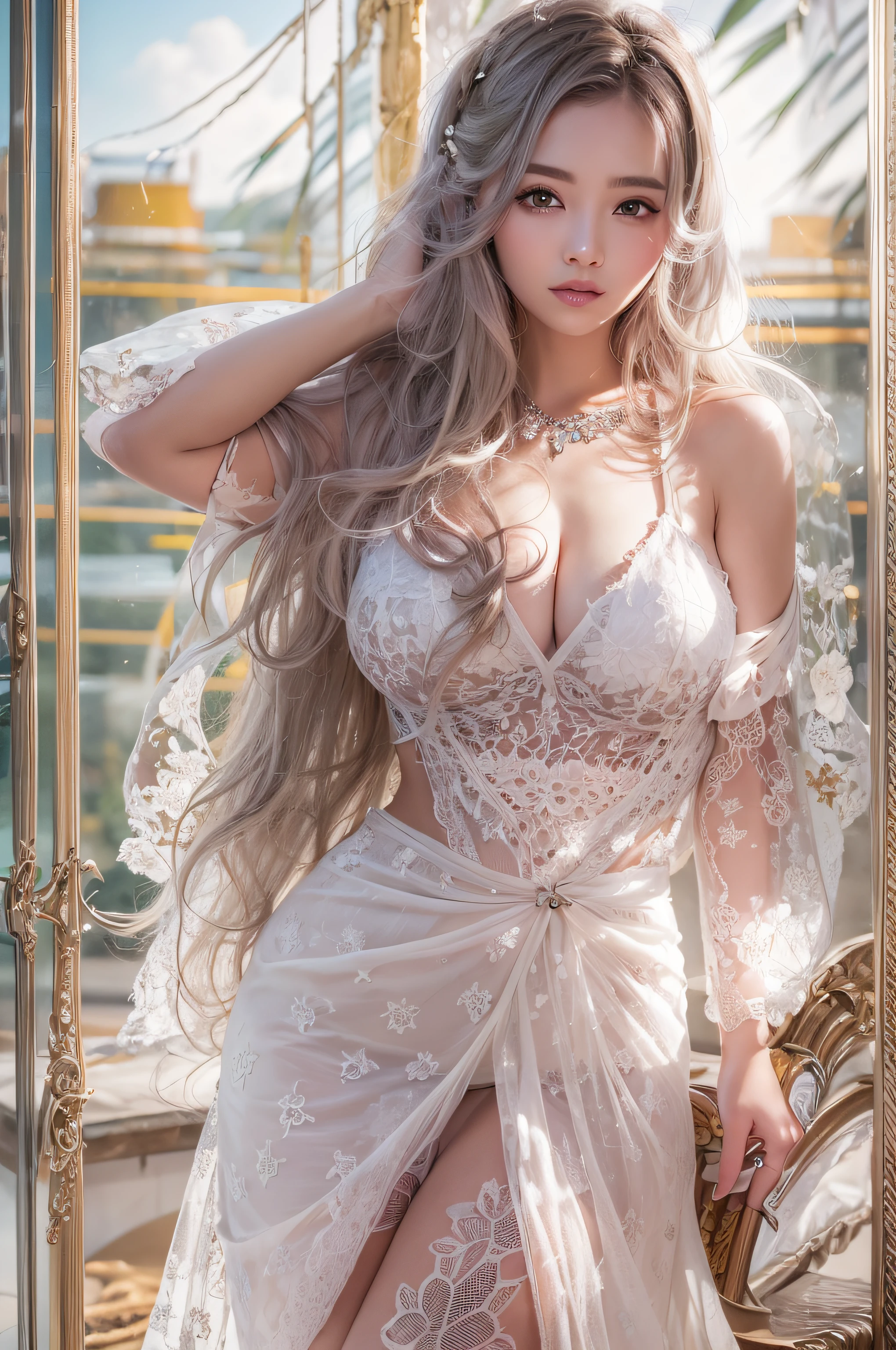 Nikon Z 85mm、((top-quality)) ((masterpiece))、intricate-detail、Sharp focus、proffesional、Photorealsitic、real life、surrealistic、photorealisim、Silhouette Light、finely detail、top-quality、Highly detailed CG Unity 8k wallpapers、erfect artwork、The upper part of the body、shinny hair、radiant eyes、shinny skin、realisitic、The perfect female figure、Constricted waist、Looking at the camera、Ren Hao、enchanting posture、sexy pose、extremely delicate and beautiful、best qualtiy、a beautiful detailed girl、Beautiful fine eyes、Facial Lights、Cinematic lighting、see -through、Transparent material、buttocks expos、realistic representation of face、(intricate detailes、makeups、(Detailed beautiful delicate face、Detailed beautiful delicate eyes、s face)perfectly proportions、Detailed skin、Detailed skin、Best ratio of four fingers and one thumb、arms below breasts、medium large breasts、smooth epigastric、Skinny and thin、lo fashion、独奏、(年轻)、Facial Highlights、The upper part of the body、A detailed face、de pele branca、silber hair、poneyTail、Braids、big eye、White simple underwear、(Hollow pattern、silk)、耳Nipple Ring、Slim body、luxury room、Professional Writing、tear robe、女の子1人、Thick hair、Pink pajamas、Well-groomed eyes、Bright hotel background