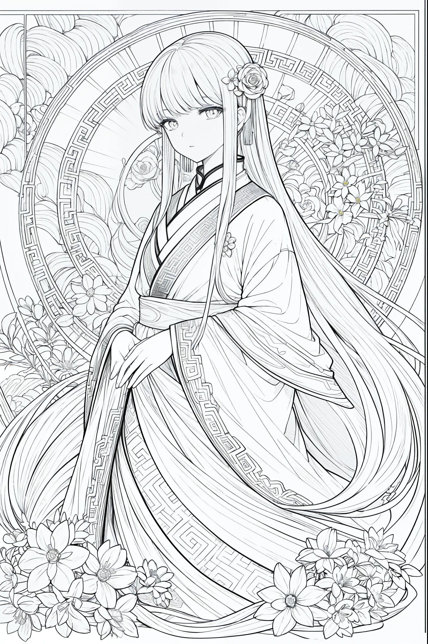 tmasterpiece，Best quality at best，（detailedbackground），hight contrast，1 Chinese style mature woman，Flower background，（white backgrounid：1.5），Clean line drawings，