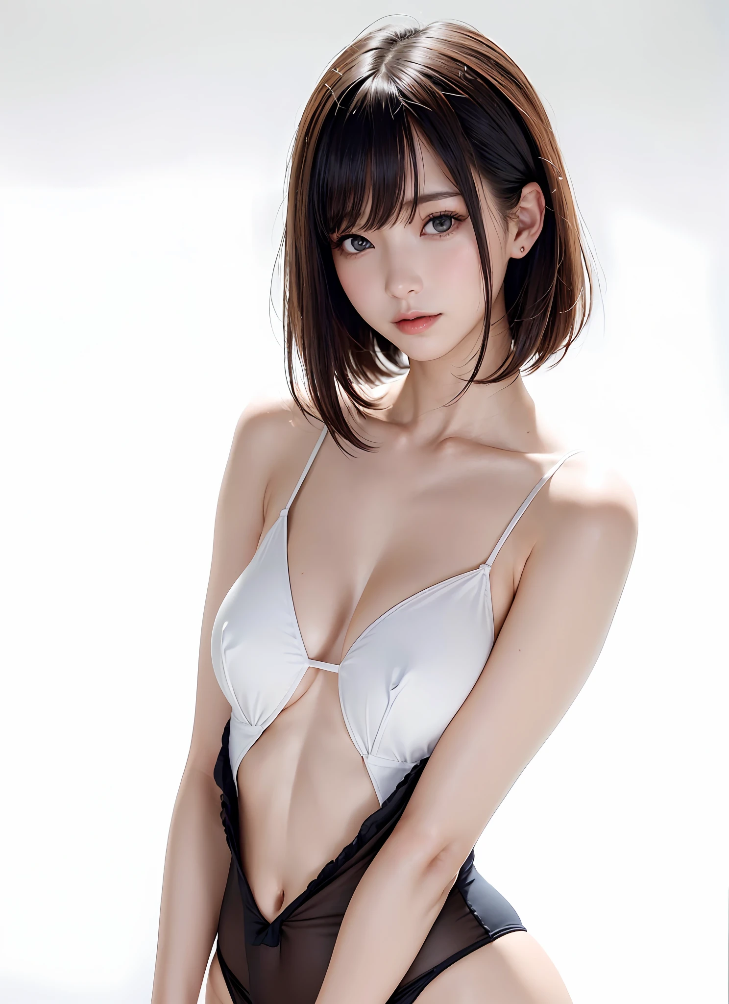 (Upper body naked:1.6、I'm not wearing anything:1.5、Nothing attached:1.8、Supermodel with rather long legs:1.4、Highlights in the eyes:1.4、30-years old、spotless、cute little、The face of the golden ratio:1.2)、Look firmly at the camera:1.4、Short bob cut with clean bangs:1.3、A dark-haired:1.4、the neck is long:1.5、neck long、Put your ears out:1.4、Clean collarbone、pretty skin、Perfect body、Perfect fingers:1.3、perfect arms、perfect hand、Smaller face、Distinct double eyelids、A detailed eye、Clean belly button、big breasts thin waist、Open your crotch:1.6、Show your crotch:1.6、Look firmly at the camera、(Immaculate white background with nothing really、Immaculate white background with nothing really:1.4)、Perfect Anatomy、very large breast、very large neat chest、Colossal tits:1.3、Very big big:2.0、big areolae:2.0、adult appeal、closes mouth:1.3、smil:1.3、Smiling happily:1.3、shyly smile:1.4、A little wind blows:1.2、((cowboy shot:1.3))、Absolute area:1.4